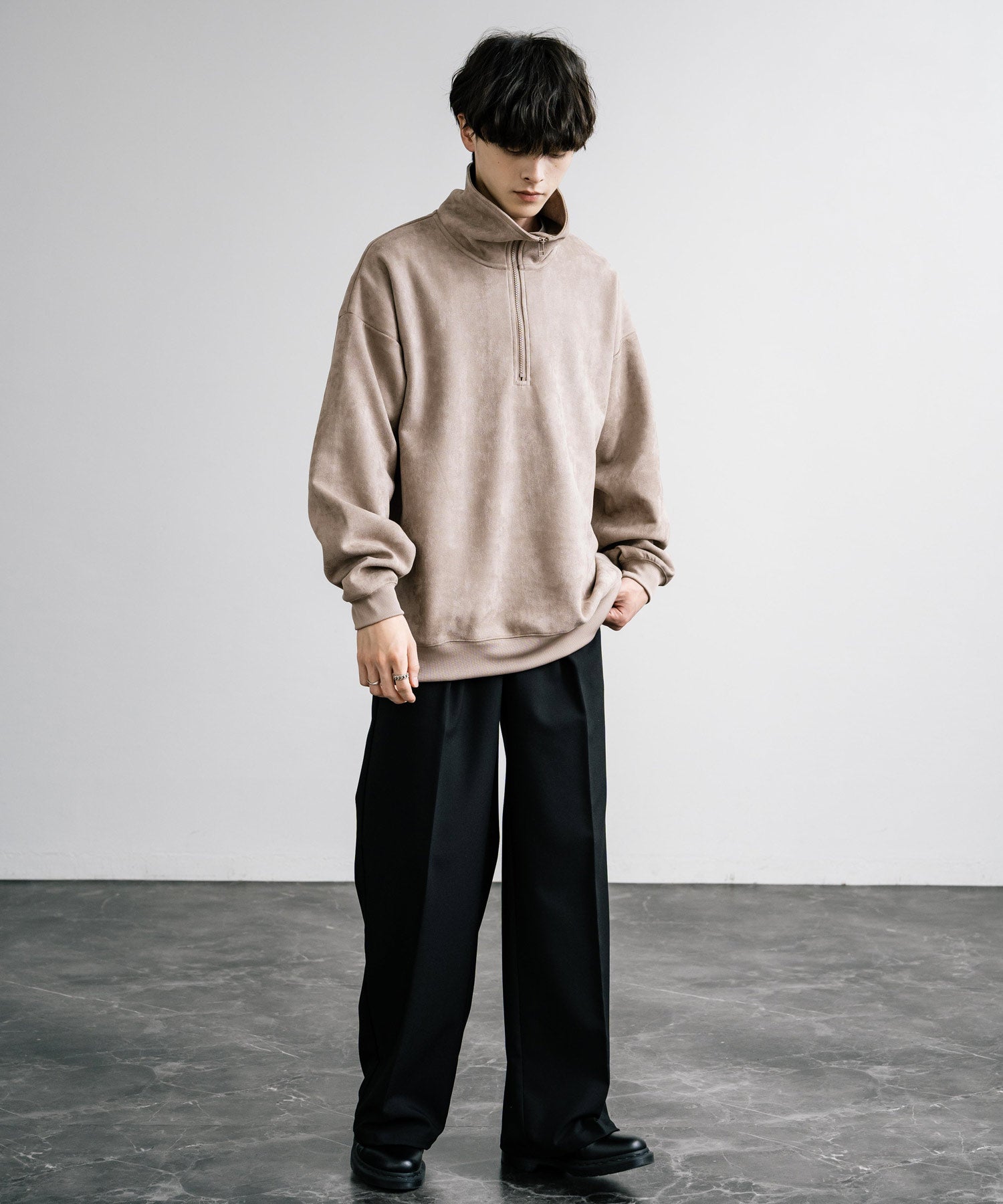 Rocky Monroe Half Zip Trainer Fake Suede Men's Women's Long Sleeve Pullover Oversized Loose Fleece Stretch Plain Simple 13774