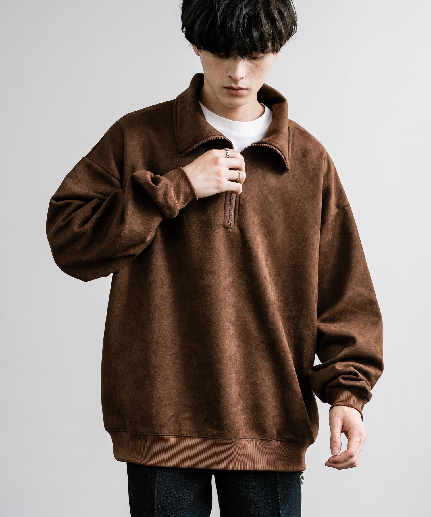 Rocky Monroe Half Zip Trainer Fake Suede Men's Women's Long Sleeve Pullover Oversized Loose Fleece Stretch Plain Simple 13774