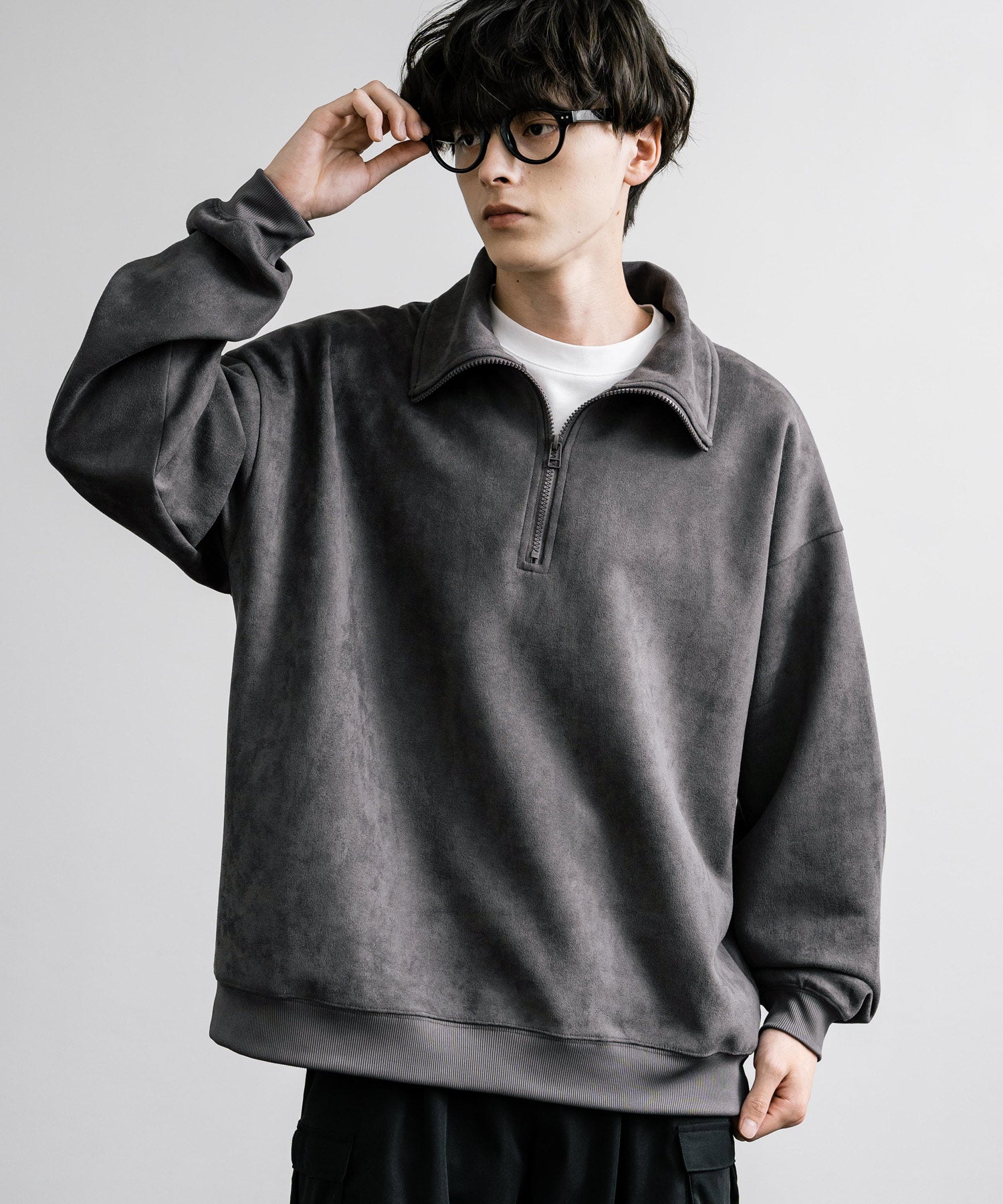 Rocky Monroe Half Zip Trainer Fake Suede Men's Women's Long Sleeve Pullover Oversized Loose Fleece Stretch Plain Simple 13774