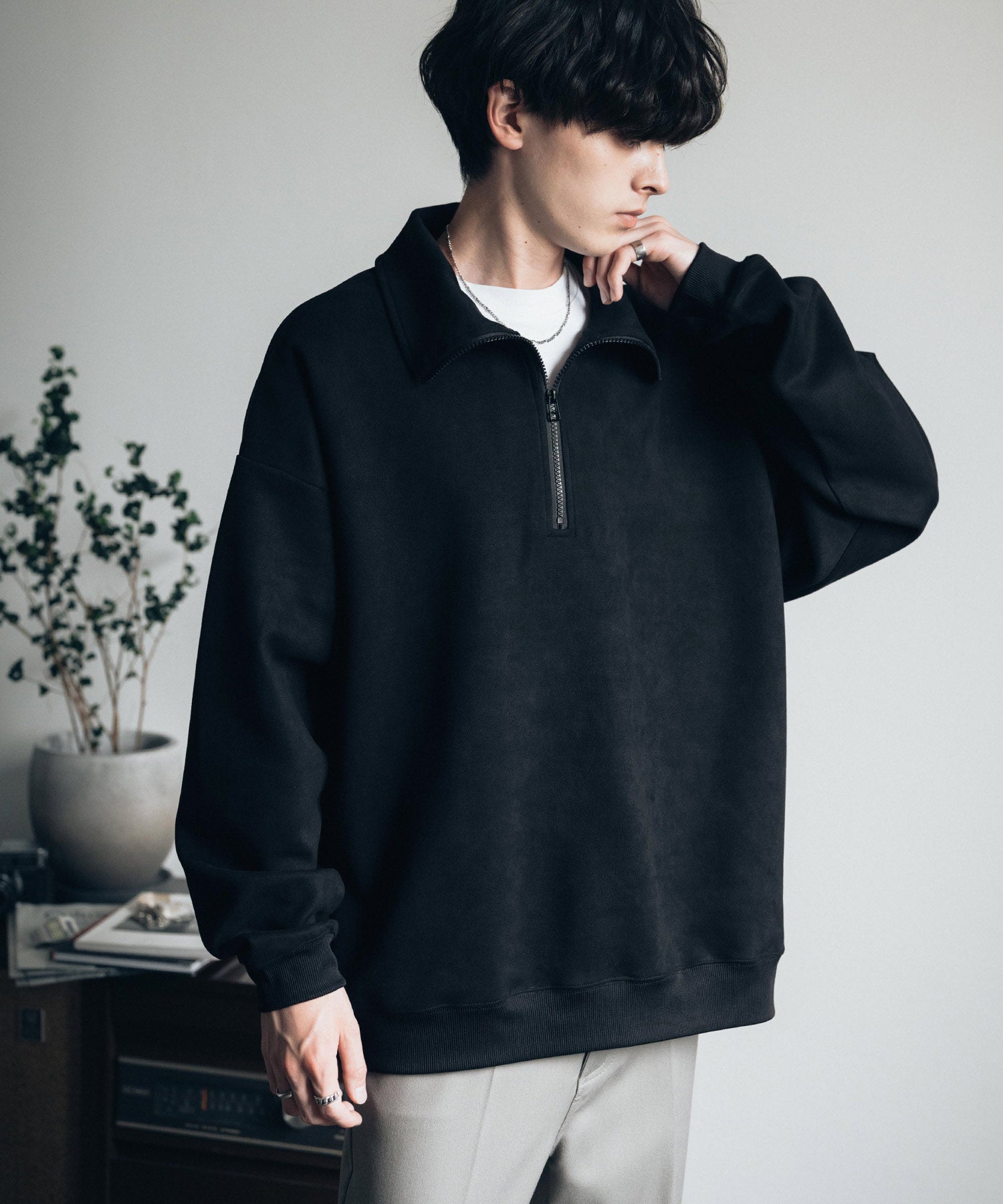 Rocky Monroe Half Zip Trainer Fake Suede Men's Women's Long Sleeve Pullover Oversized Loose Fleece Stretch Plain Simple 13774