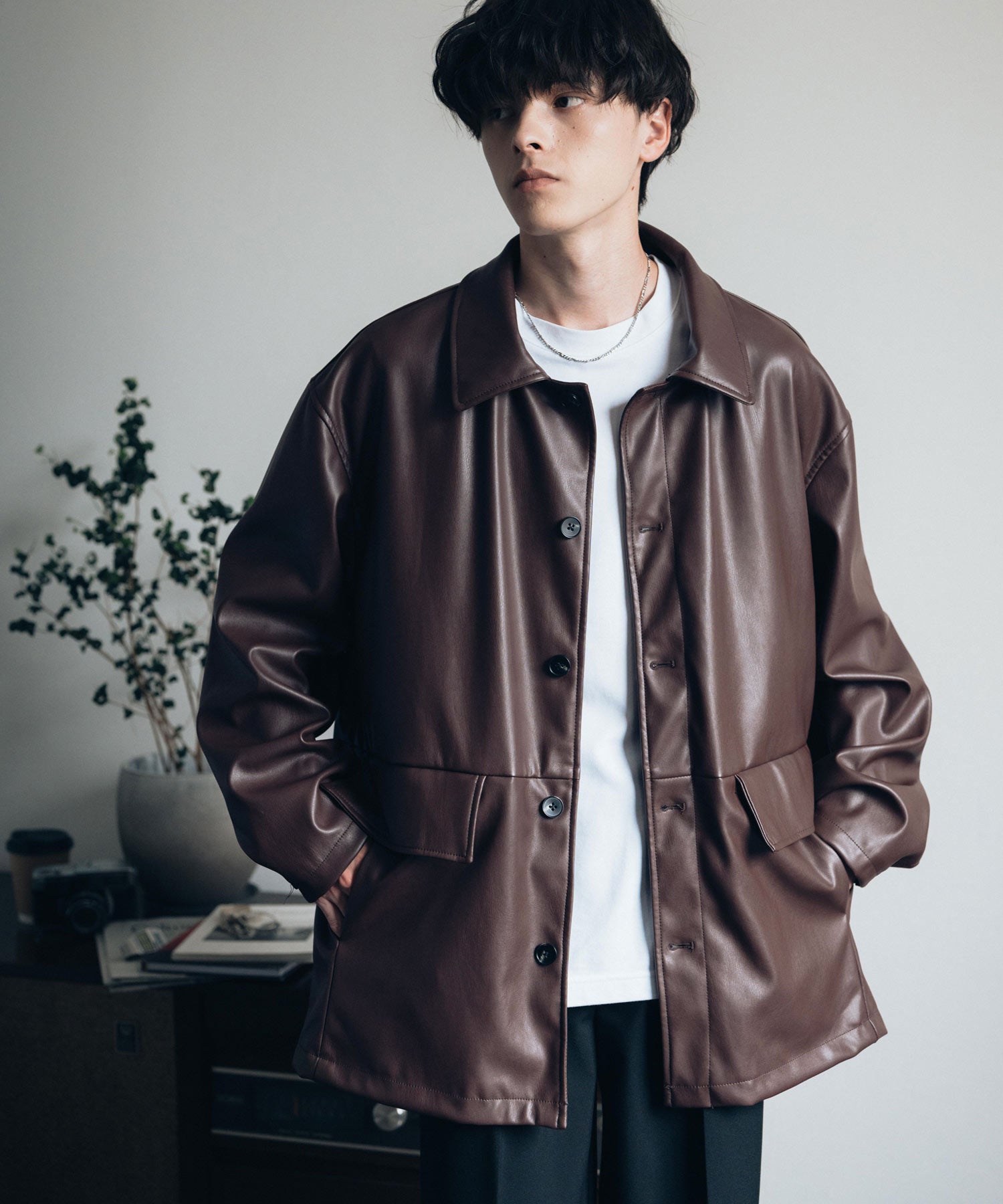 ロッキーモンロー Rocky Monroe カーコート ミドル丈 アウター メンズ レディース レザージャケット ライダース 革ジャン 合成皮革 PU ヴィーガンレザー マット オーバーサイズ 13763 （ブラウン） ブラウン