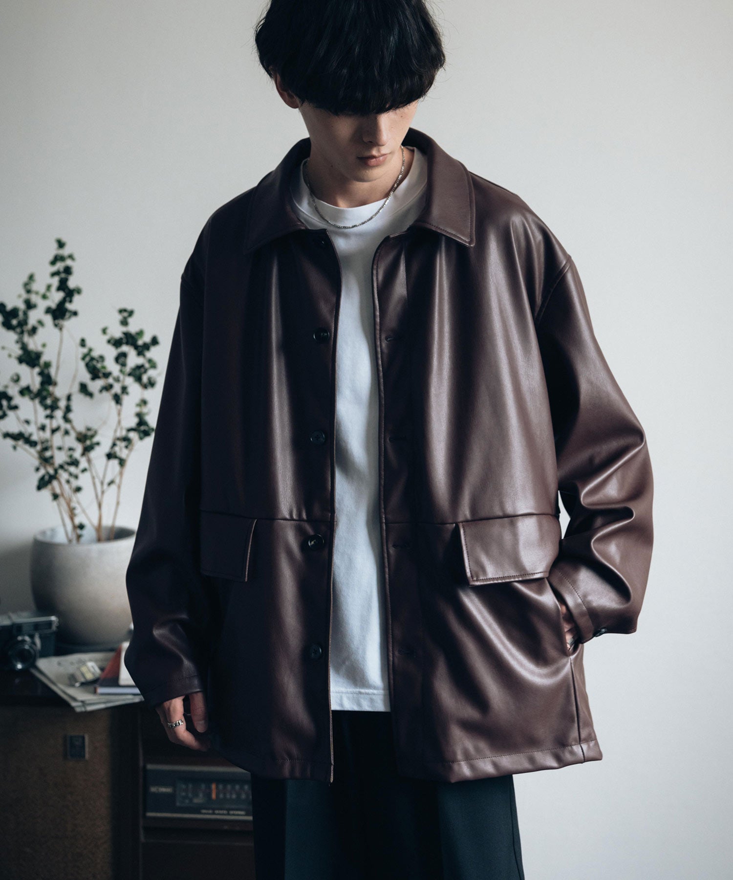 ロッキーモンロー Rocky Monroe カーコート ミドル丈 アウター メンズ レディース レザージャケット ライダース 革ジャン 合成皮革 PU ヴィーガンレザー マット オーバーサイズ 13763 （ブラウン） ブラウン