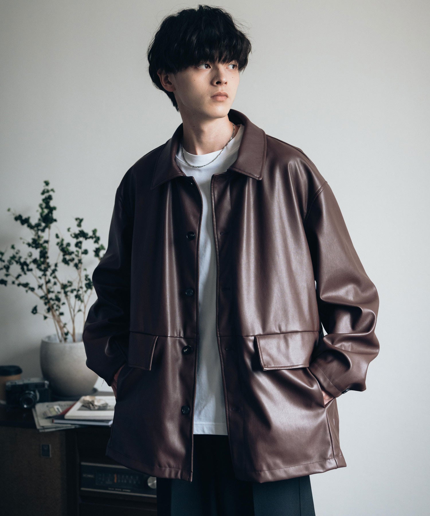 ロッキーモンロー Rocky Monroe カーコート ミドル丈 アウター メンズ レディース レザージャケット ライダース 革ジャン 合成皮革 PU ヴィーガンレザー マット オーバーサイズ 13763 （ブラウン） ブラウン