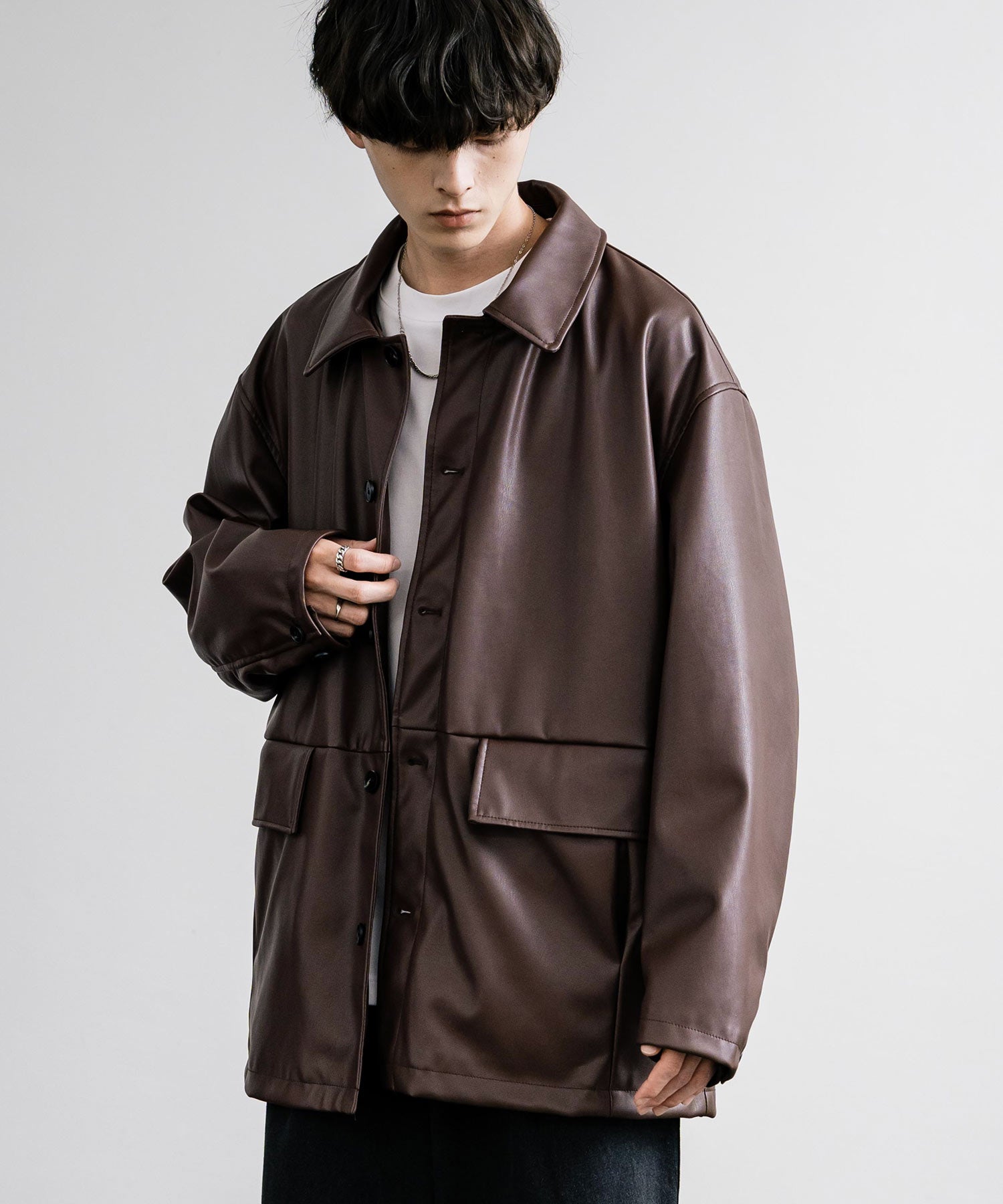ロッキーモンロー Rocky Monroe カーコート ミドル丈 アウター メンズ レディース レザージャケット ライダース 革ジャン 合成皮革 PU ヴィーガンレザー マット オーバーサイズ 13763 （ブラウン） ブラウン