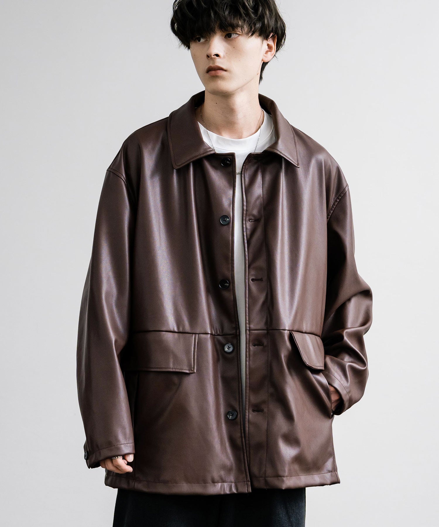 ロッキーモンロー Rocky Monroe カーコート ミドル丈 アウター メンズ レディース レザージャケット ライダース 革ジャン 合成皮革 PU ヴィーガンレザー マット オーバーサイズ 13763 （ブラウン） ブラウン