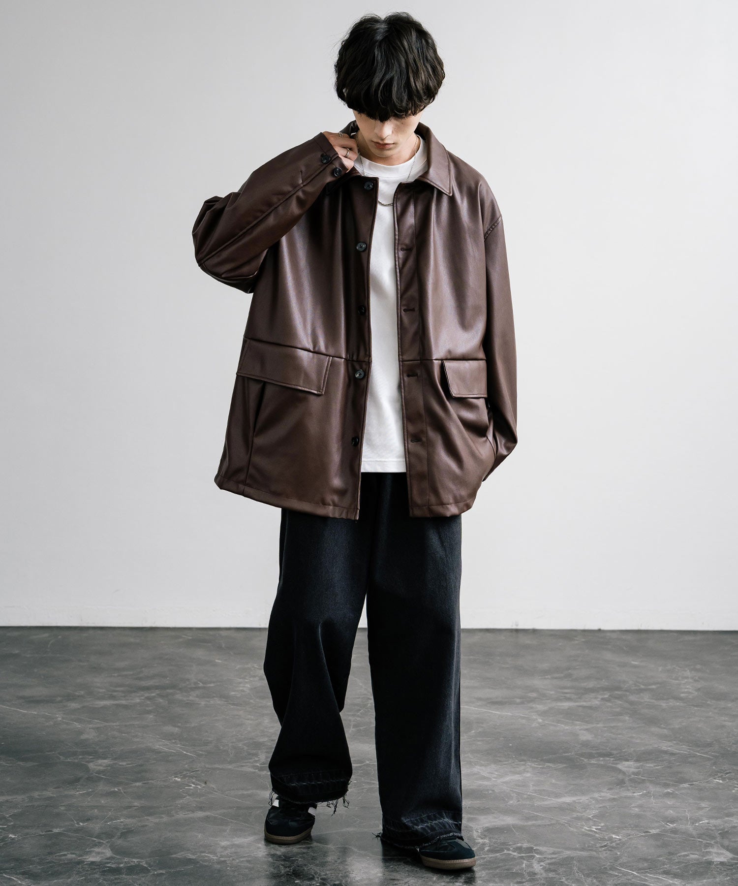 ロッキーモンロー Rocky Monroe カーコート ミドル丈 アウター メンズ レディース レザージャケット ライダース 革ジャン 合成皮革 PU ヴィーガンレザー マット オーバーサイズ 13763 （ブラウン） ブラウン