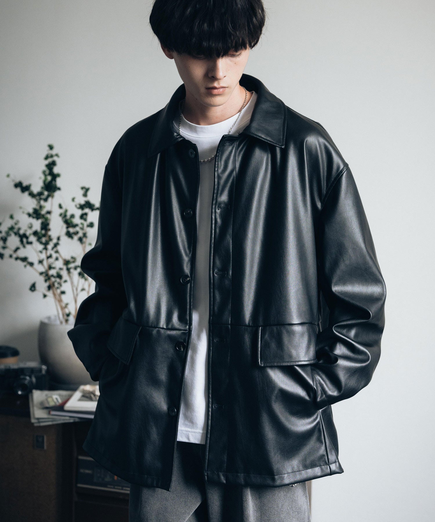 ロッキーモンロー Rocky Monroe カーコート ミドル丈 アウター メンズ レディース レザージャケット ライダース 革ジャン 合成皮革 PU ヴィーガンレザー マット オーバーサイズ 13763,ブラック