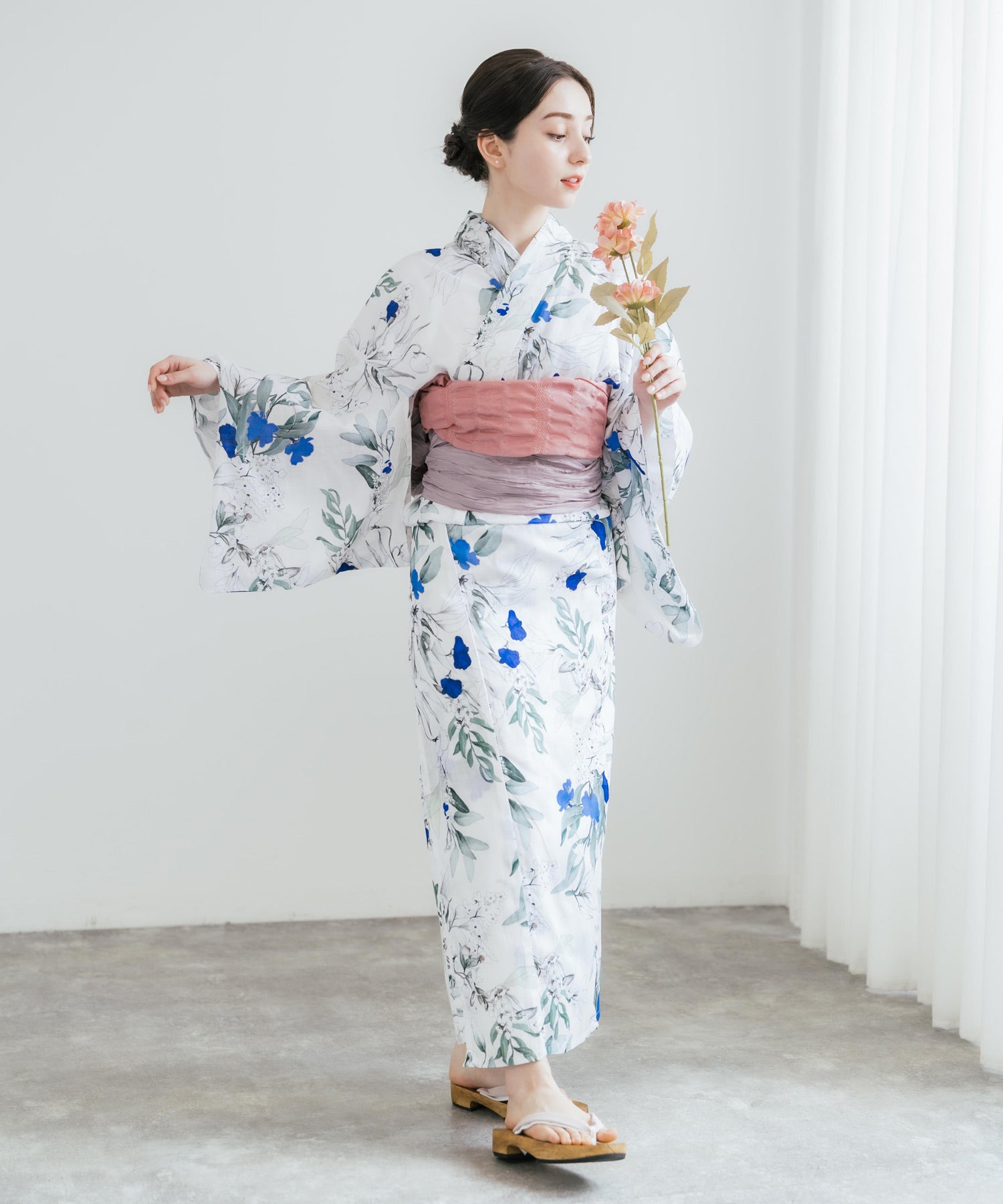 ロッキーモンロー Rocky Monroe 浴衣 2点セット レディース しわ兵児帯 和服 花柄 綿100% 女性用 大人 可愛い レトロ おしゃれ フリーサイズ 花火 夏祭り ゆかた 14697 （A） A