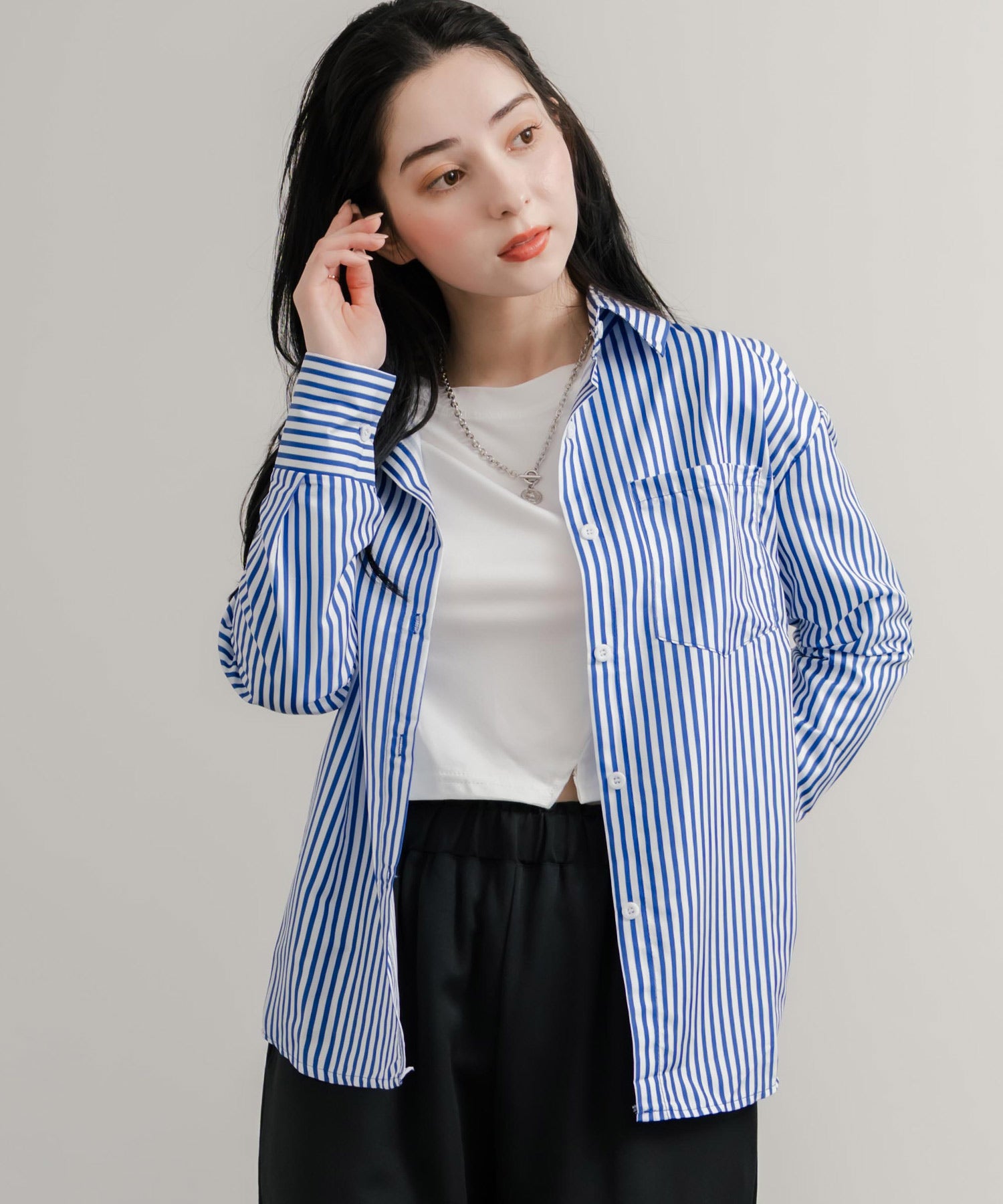 ロッキーモンロー Rocky Monroe ストライプシャツ 長袖 レディース ルーズ リラックス ゆったり センターボックス レギュラーカラー 胸ポケット 羽織り シンプル カジュアル 14805 （ネイビー） ネイビー