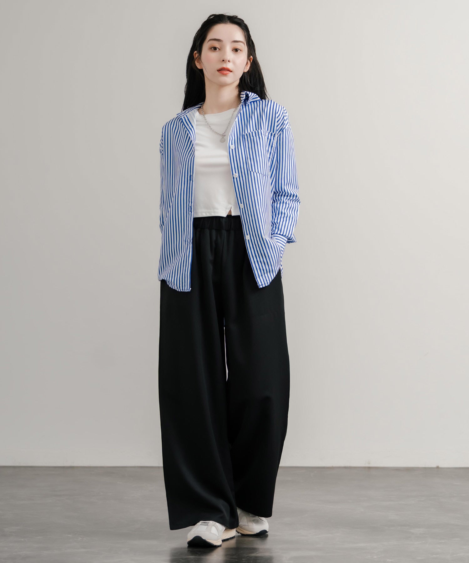 ロッキーモンロー Rocky Monroe ストライプシャツ 長袖 レディース ルーズ リラックス ゆったり センターボックス レギュラーカラー 胸ポケット 羽織り シンプル カジュアル 14805 （ネイビー） ネイビー