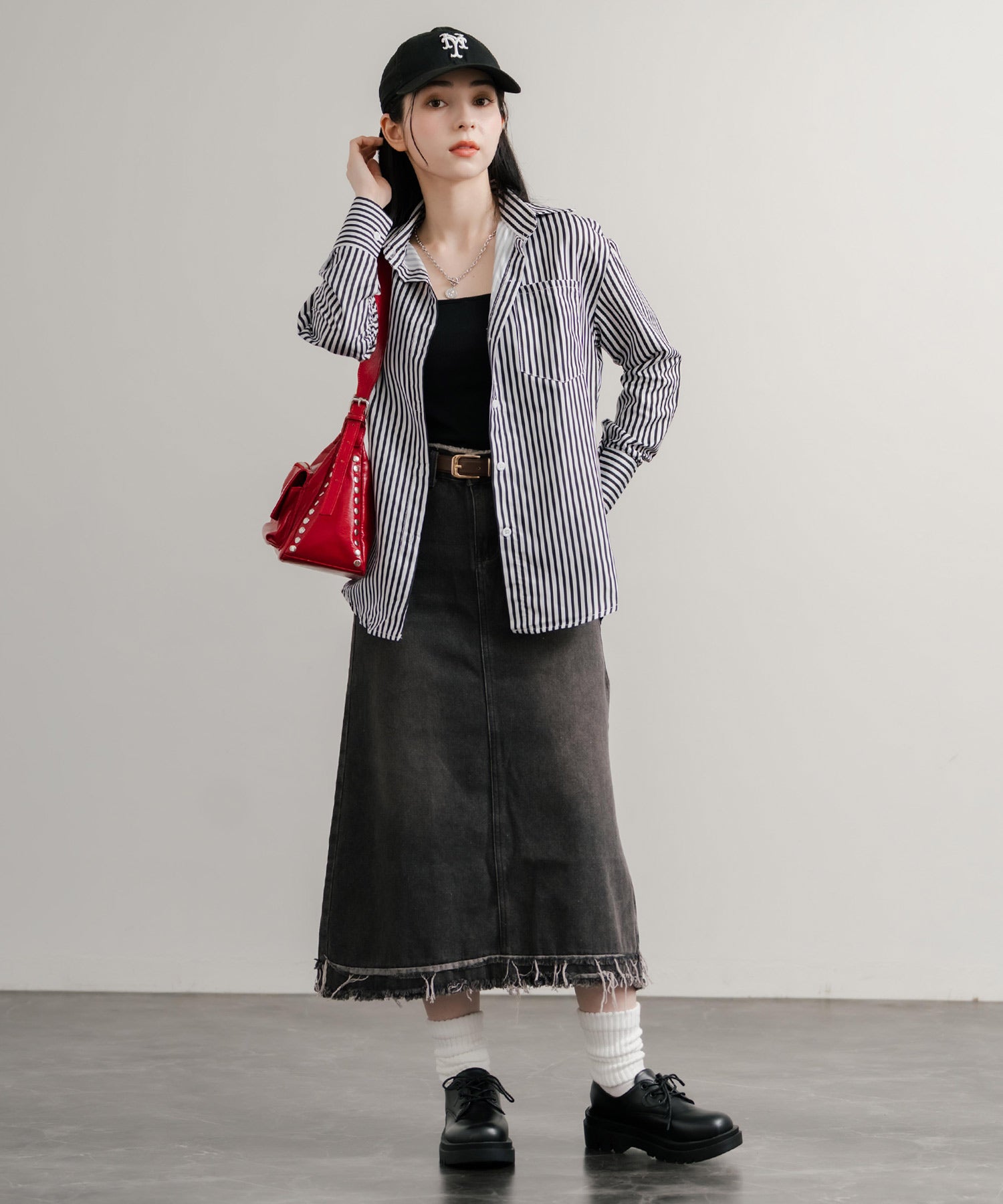 ロッキーモンロー Rocky Monroe ストライプシャツ 長袖 レディース ルーズ リラックス ゆったり センターボックス レギュラーカラー 胸ポケット 羽織り シンプル カジュアル 14805 （ネイビー） ネイビー