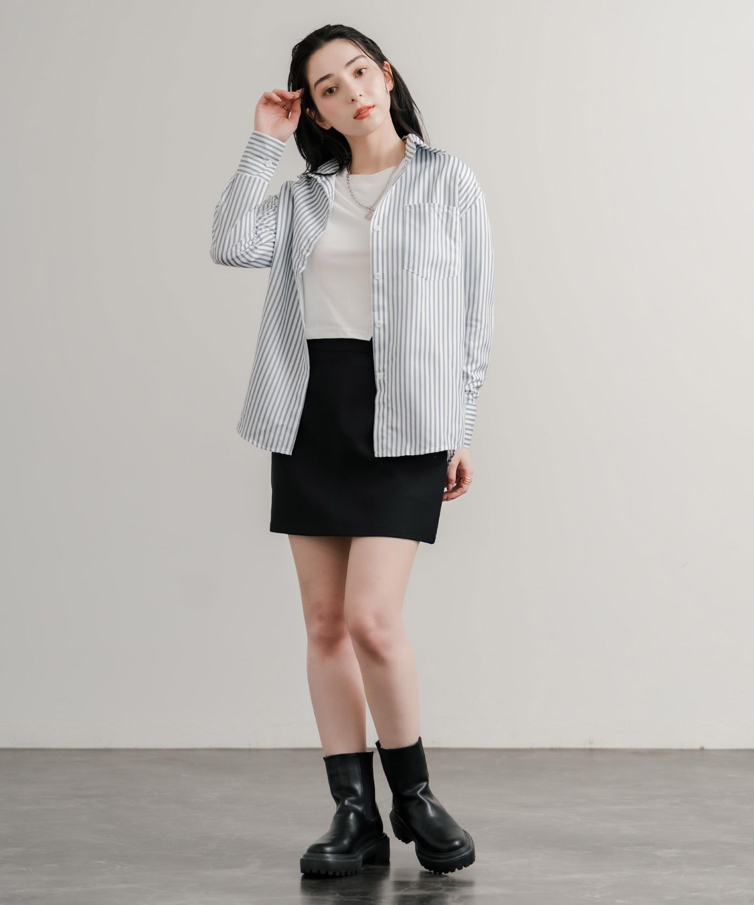 ロッキーモンロー Rocky Monroe ストライプシャツ 長袖 レディース ルーズ リラックス ゆったり センターボックス レギュラーカラー 胸ポケット 羽織り シンプル カジュアル 14805 （ネイビー） ネイビー