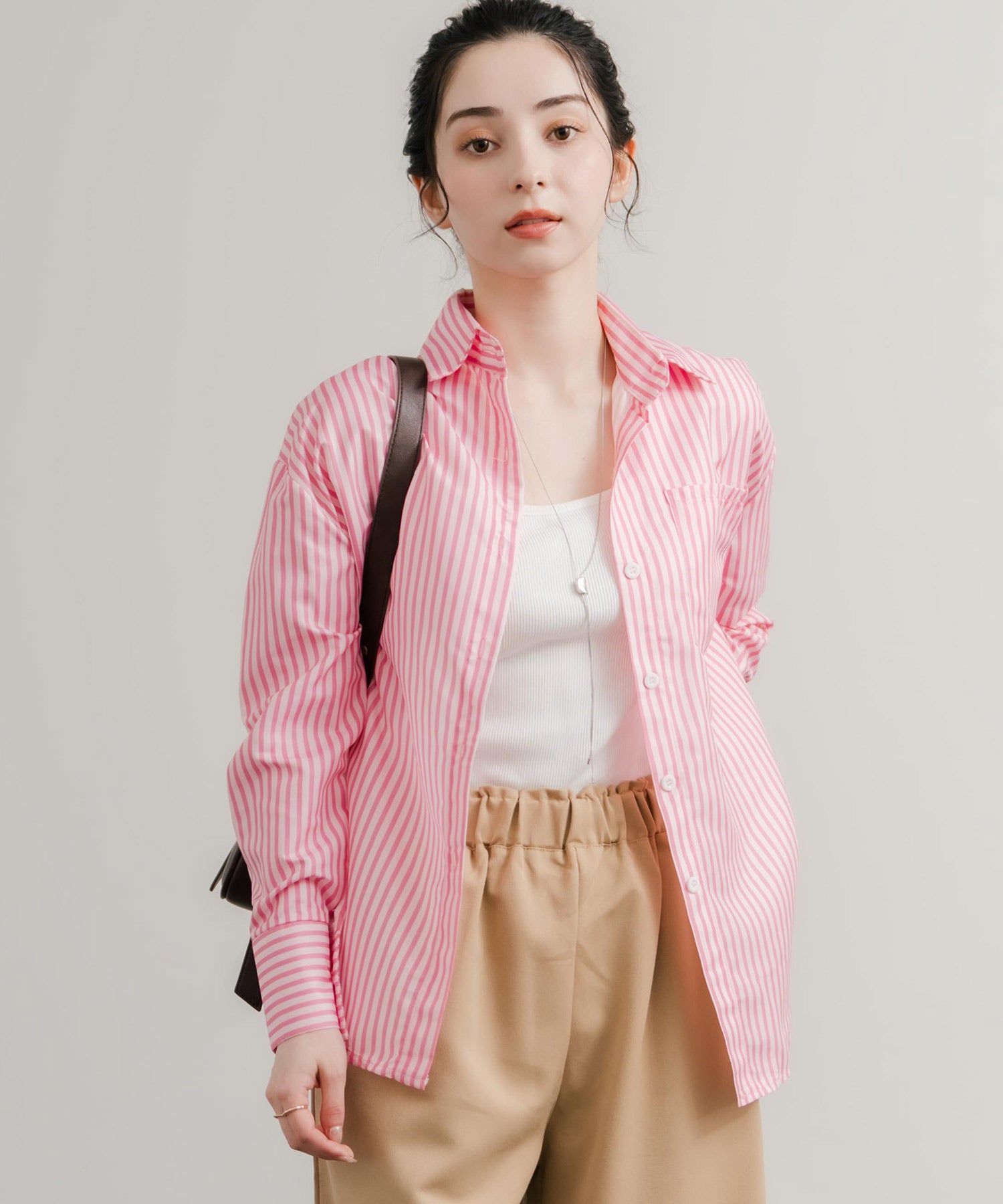 ロッキーモンロー Rocky Monroe ストライプシャツ 長袖 レディース ルーズ リラックス ゆったり センターボックス レギュラーカラー 胸ポケット 羽織り シンプル カジュアル 14805 （ネイビー） ネイビー