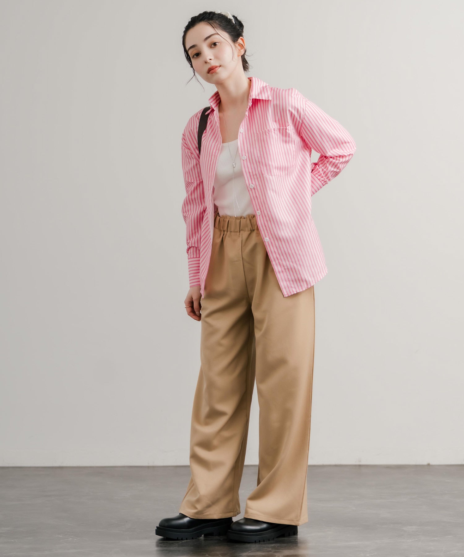 ロッキーモンロー Rocky Monroe ストライプシャツ 長袖 レディース ルーズ リラックス ゆったり センターボックス レギュラーカラー 胸ポケット 羽織り シンプル カジュアル 14805 （ネイビー） ネイビー