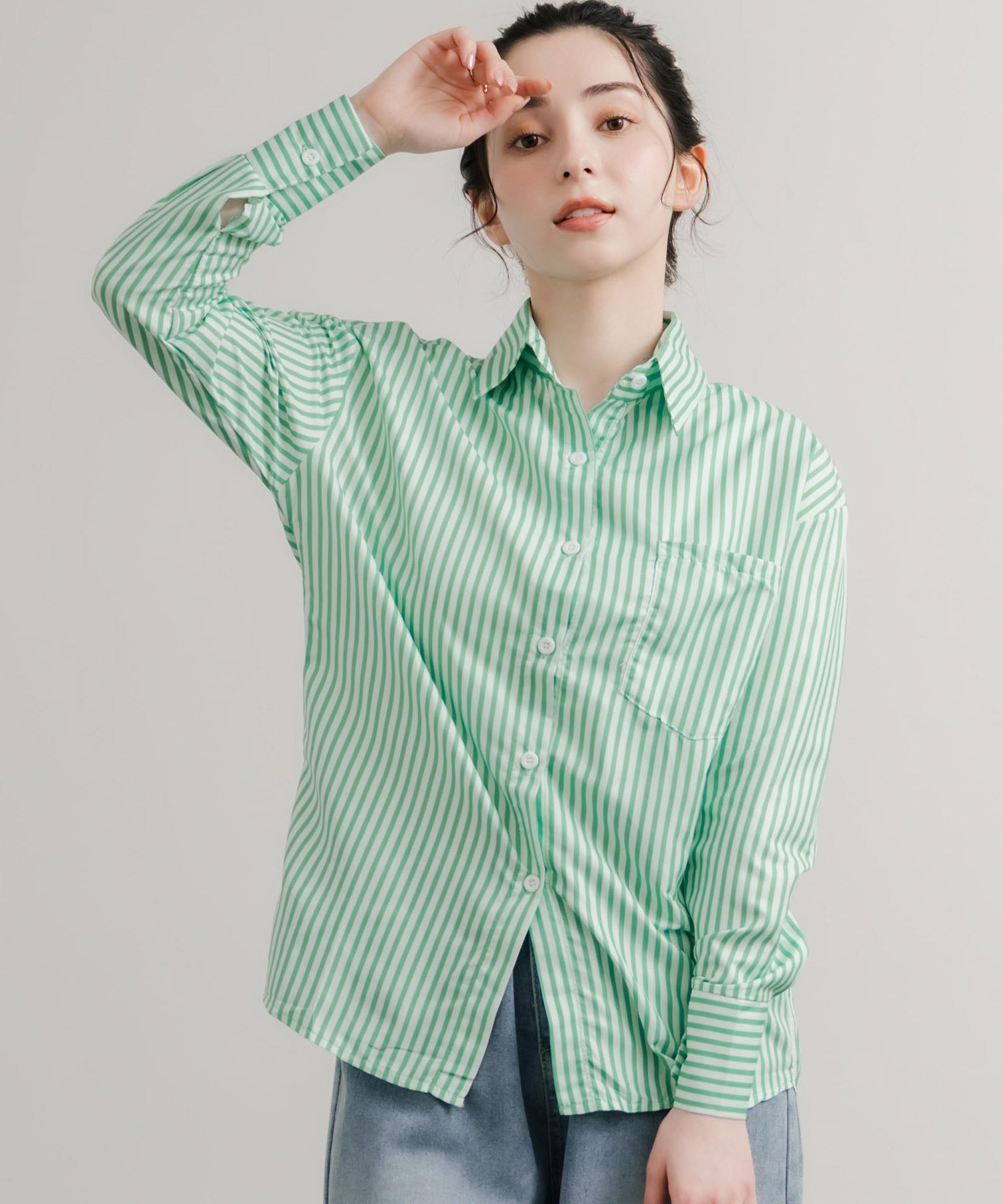 ロッキーモンロー Rocky Monroe ストライプシャツ 長袖 レディース ルーズ リラックス ゆったり センターボックス レギュラーカラー 胸ポケット 羽織り シンプル カジュアル 14805 （グリーン） グリーン