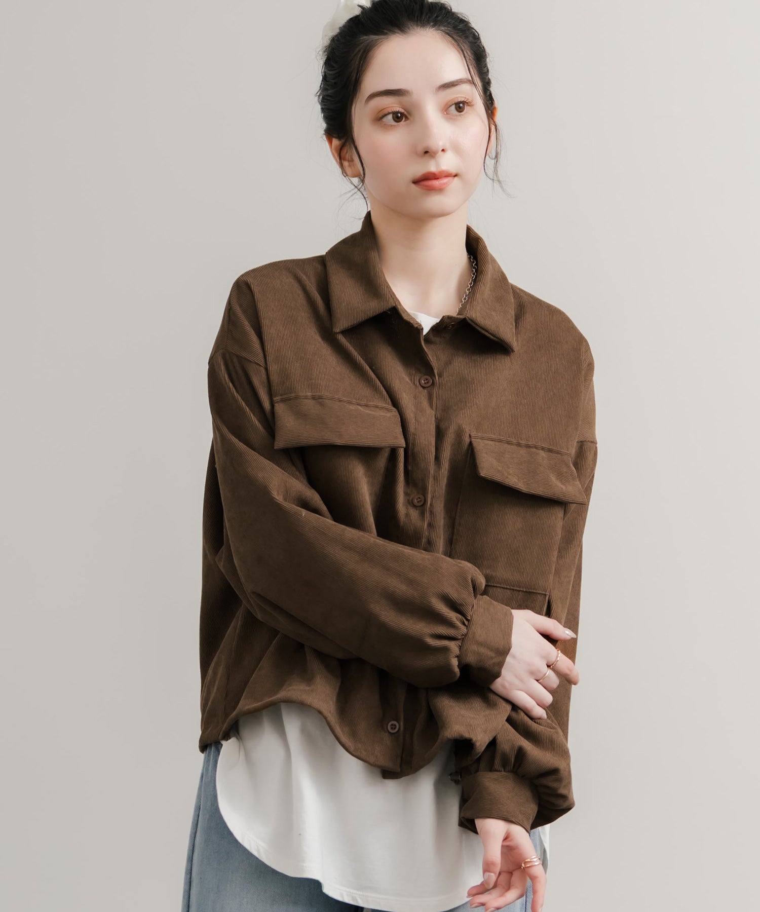 ロッキーモンロー Rocky Monroe シャツジャケット ショート丈 レディース ライトアウター ブルゾン 短丈 無地 コーデュロイ ルーズ リラックス ゆったり シンプル アメカジ 14812 （グレー） グレー
