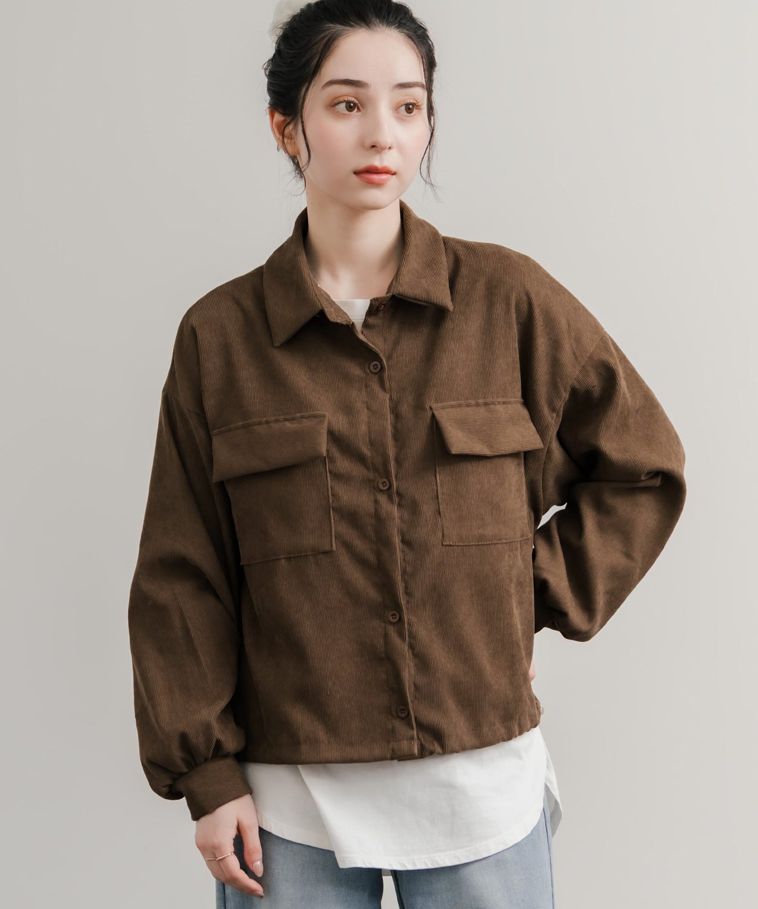 ロッキーモンロー Rocky Monroe シャツジャケット ショート丈 レディース ライトアウター ブルゾン 短丈 無地 コーデュロイ ルーズ リラックス ゆったり シンプル アメカジ 14812 （グレー） グレー