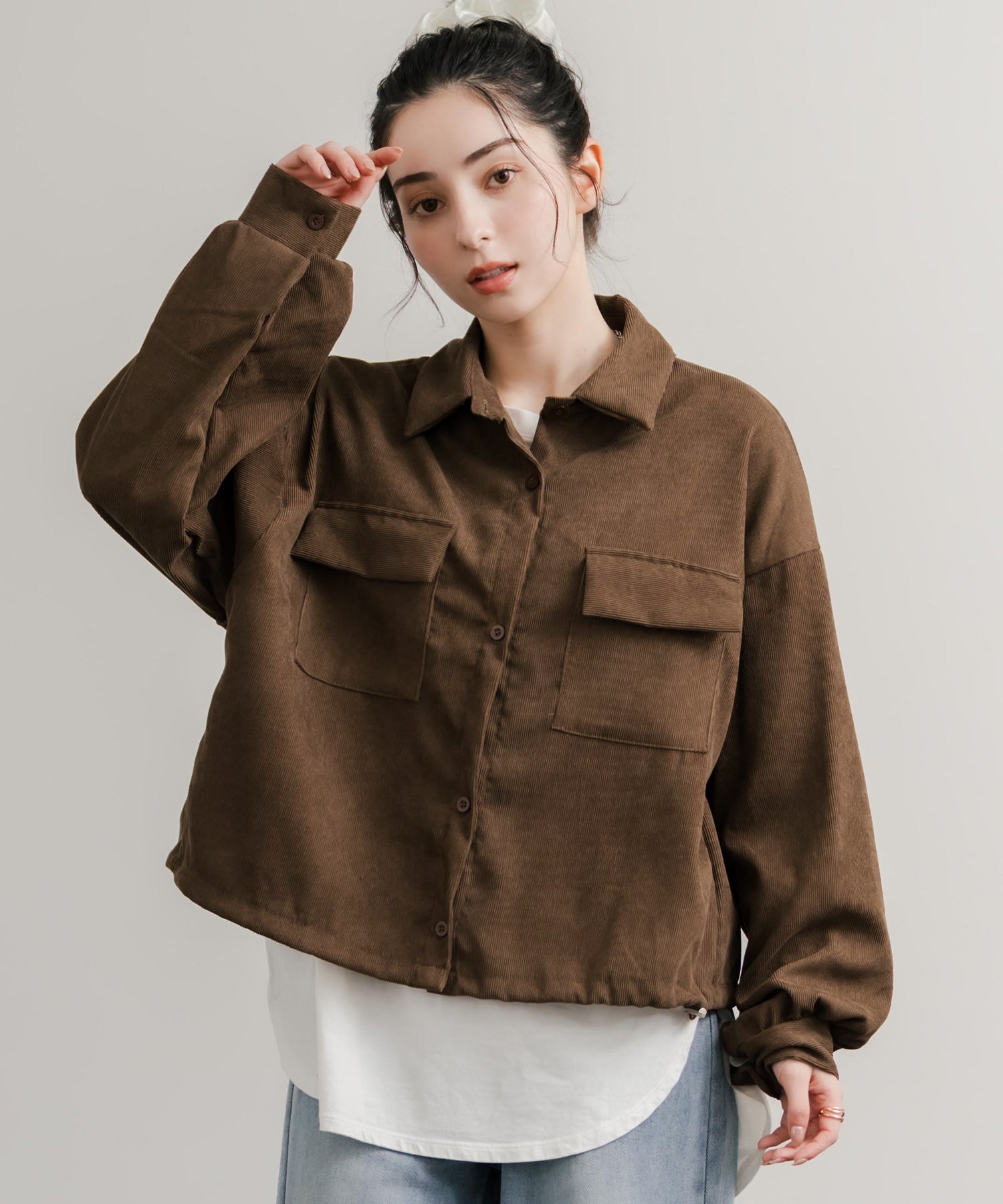 ロッキーモンロー Rocky Monroe シャツジャケット ショート丈 レディース ライトアウター ブルゾン 短丈 無地 コーデュロイ ルーズ リラックス ゆったり シンプル アメカジ 14812 （ブラウン） ブラウン