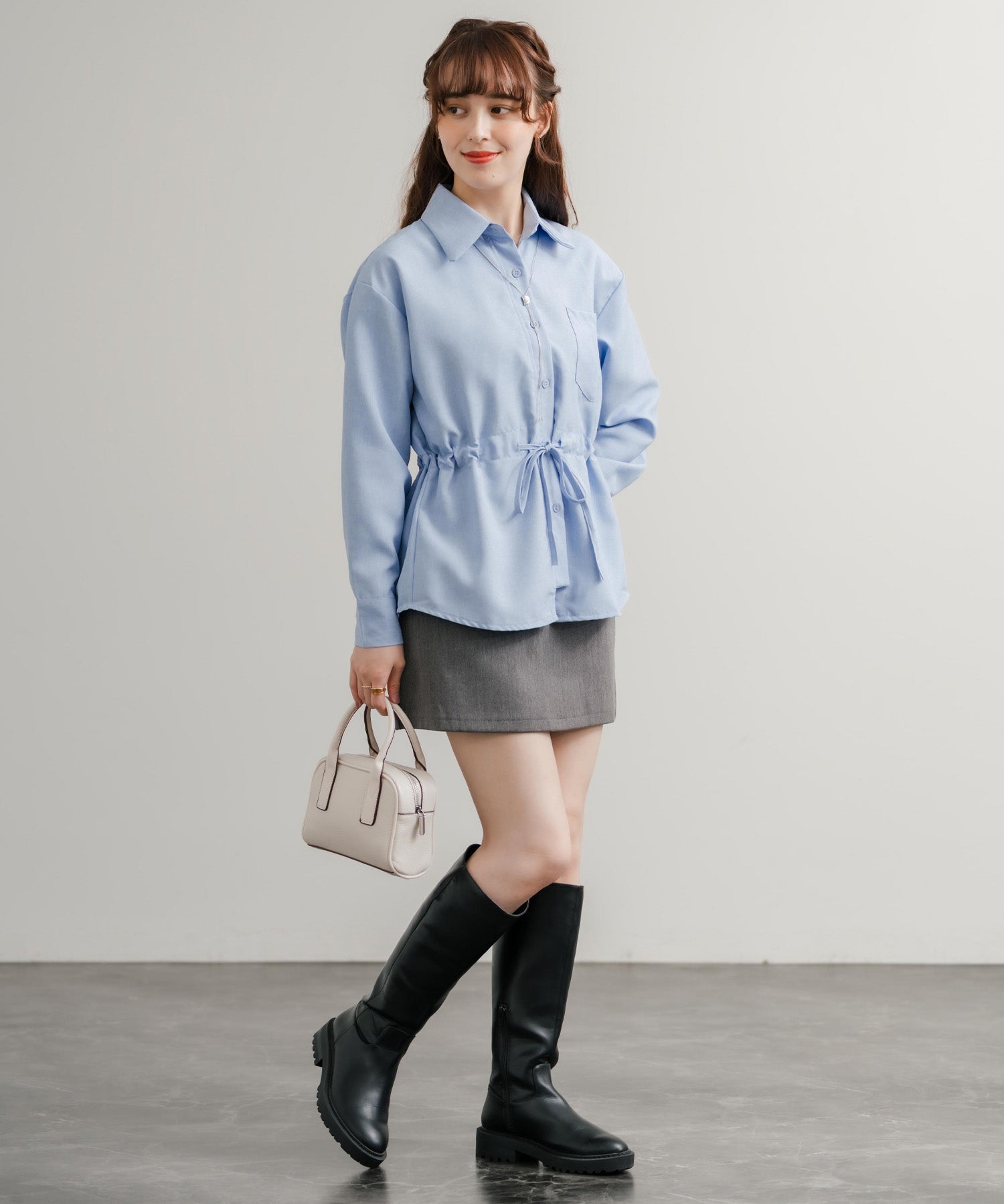 ロッキーモンロー Rocky Monroe カジュアルシャツ 長袖 レディース トップス 無地 レギュラーカラー ドロスト ウエスト紐 リラックス ゆったり センターボックス 胸ポケット 14923 （グレー） グレー