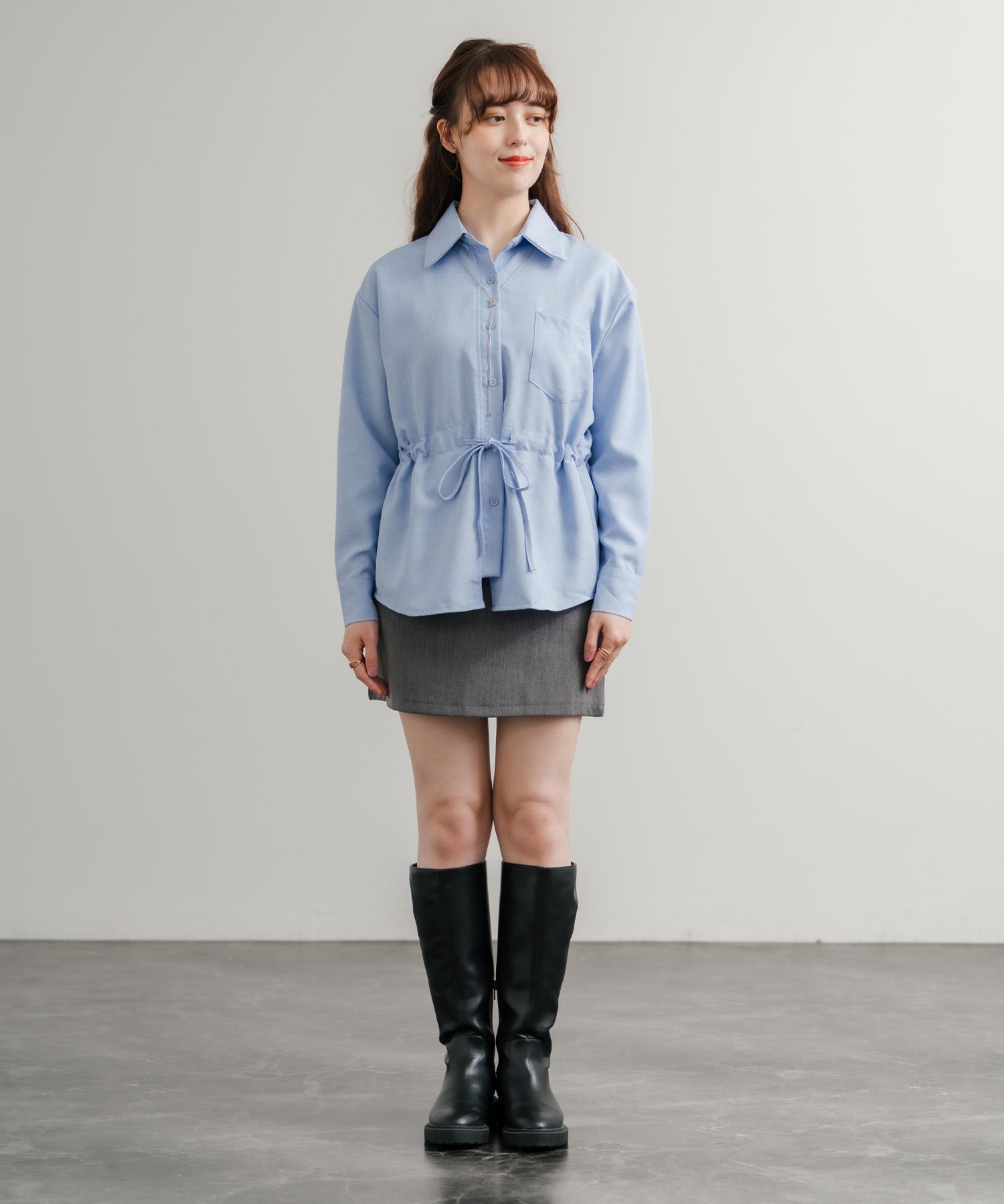 ロッキーモンロー Rocky Monroe カジュアルシャツ 長袖 レディース トップス 無地 レギュラーカラー ドロスト ウエスト紐 リラックス ゆったり センターボックス 胸ポケット 14923 （グレー） グレー