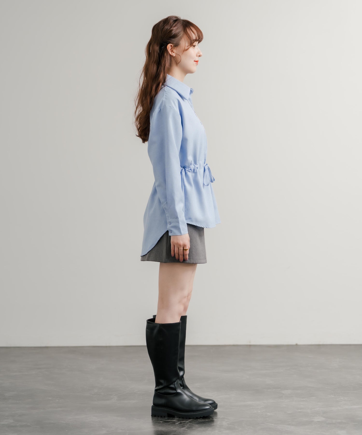 ロッキーモンロー Rocky Monroe カジュアルシャツ 長袖 レディース トップス 無地 レギュラーカラー ドロスト ウエスト紐 リラックス ゆったり センターボックス 胸ポケット 14923 （グレー） グレー