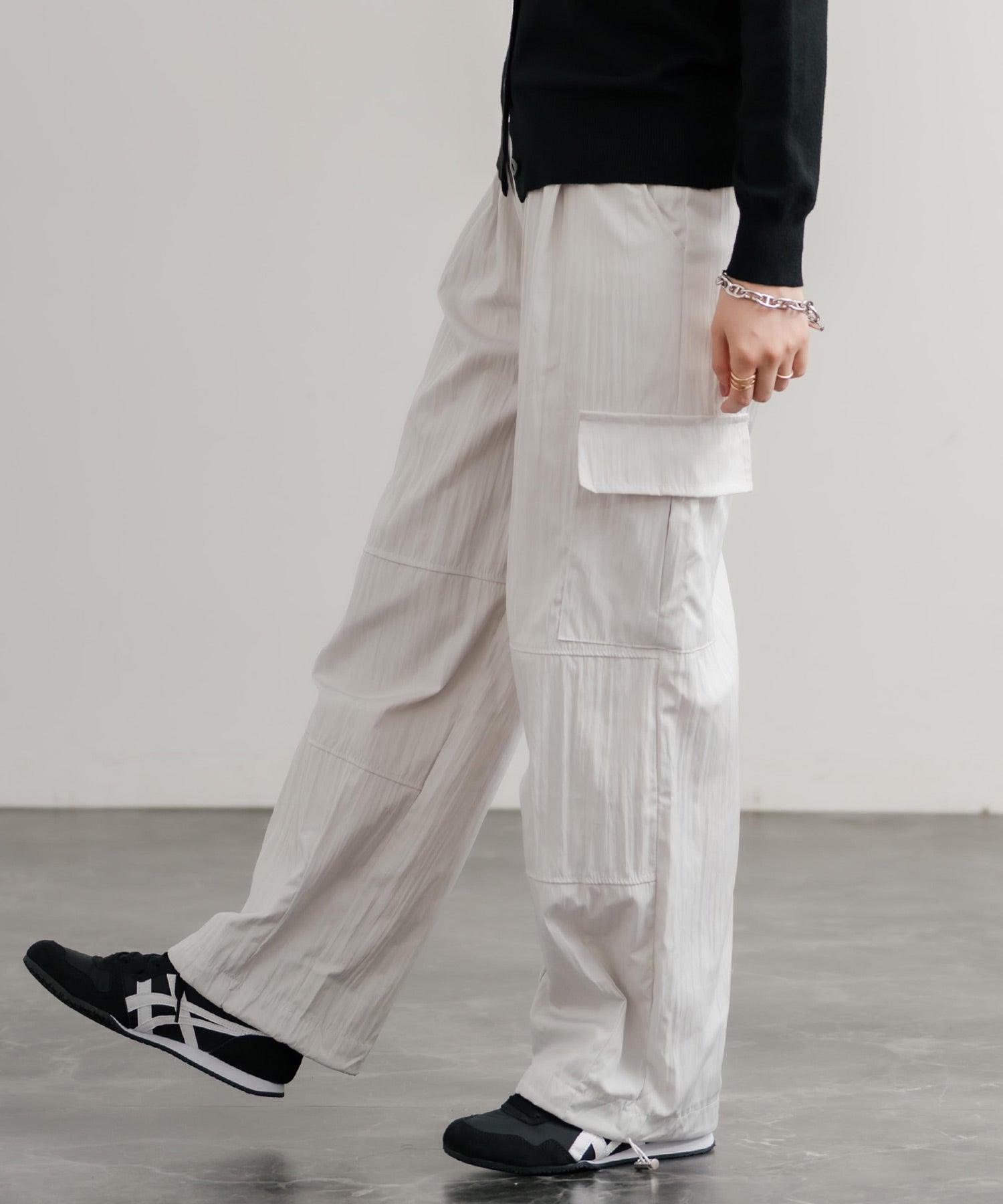 ロッキーモンロー Rocky Monroe カーゴパンツ ワイド レディース イージー ナイロン ルーズ ゆったり 裾紐 バルーン ドローコード ワッシャー ワーク ミリタリー カジュアル 14913 （グレー） グレー