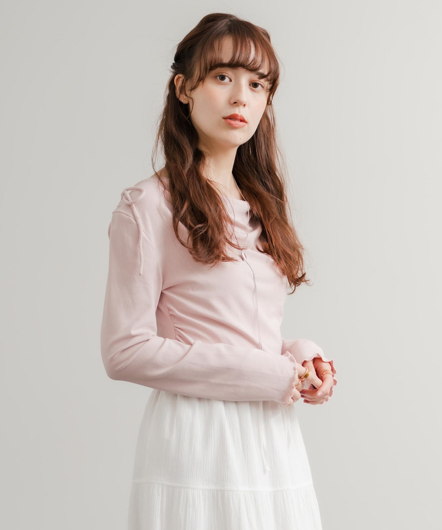 ロッキーモンロー Rocky Monroe Tシャツ 長袖 無地 レディース カットソー オフショル 肌見せ メロウ ドレープ リボン 肩リボン フィット タイト ストレッチ 薄手 韓国 14924 （ブルー） ブルー