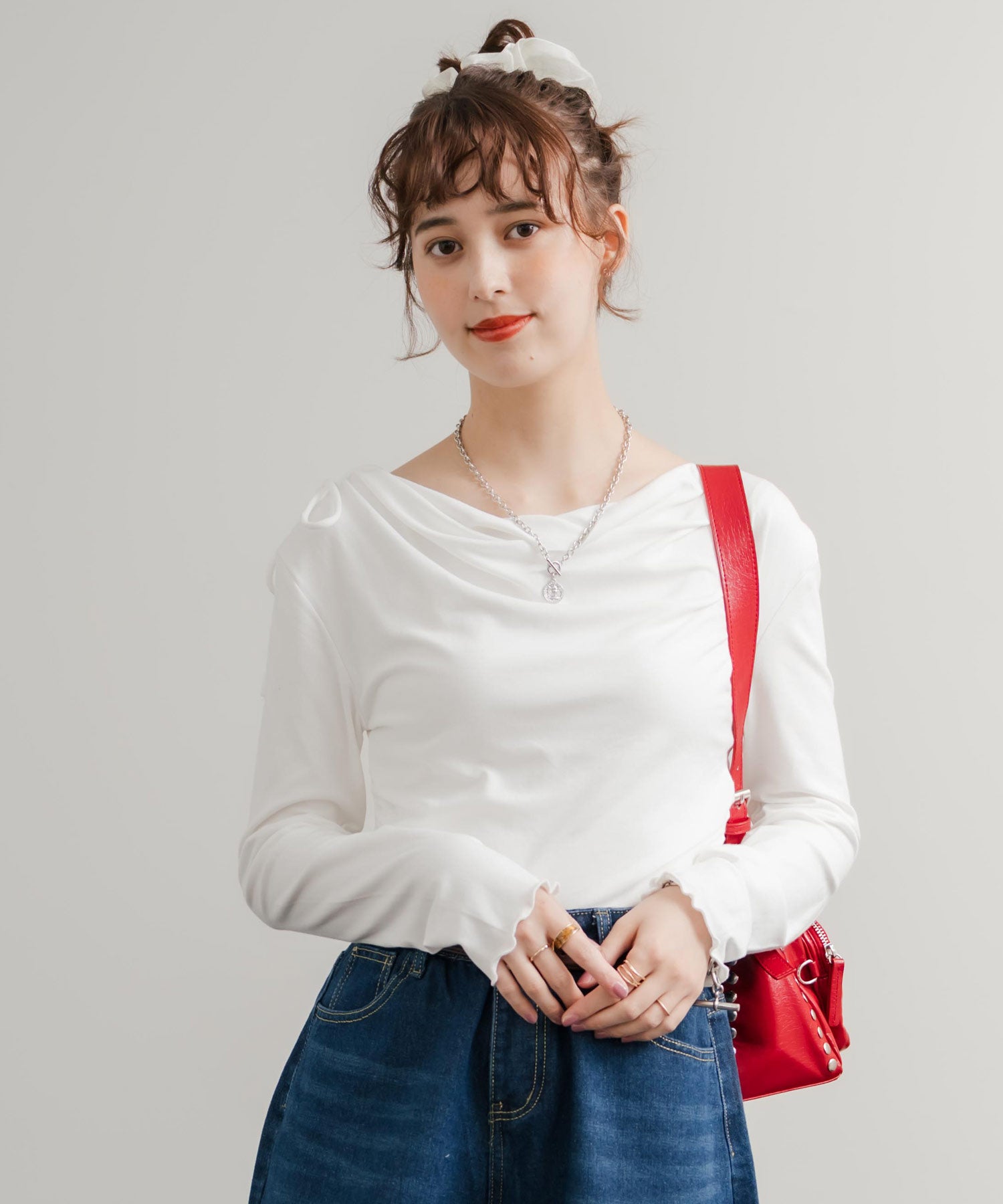 ロッキーモンロー Rocky Monroe Tシャツ 長袖 無地 レディース カットソー オフショル 肌見せ メロウ ドレープ リボン 肩リボン フィット タイト ストレッチ 薄手 韓国 14924 （ブルー） ブルー