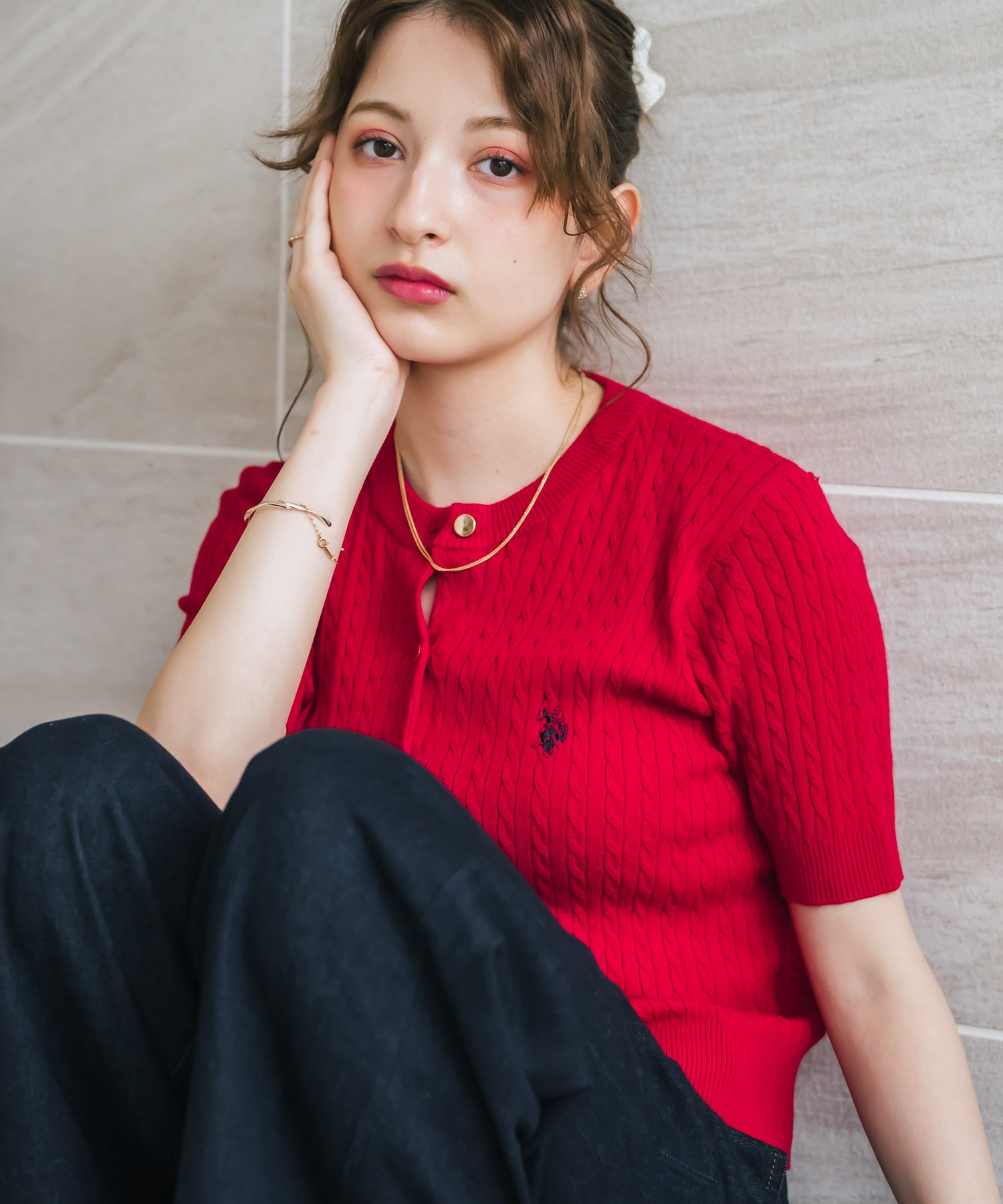 ロッキーモンロー Rocky Monroe カーディガン 半袖 レディース ケーブル編み ニット ロゴ刺繍 無地 羽織り ハーフスリーブ 薄手 コンパクト韓国 U.S. POLO ASSN. 15899 （レッド） レッド