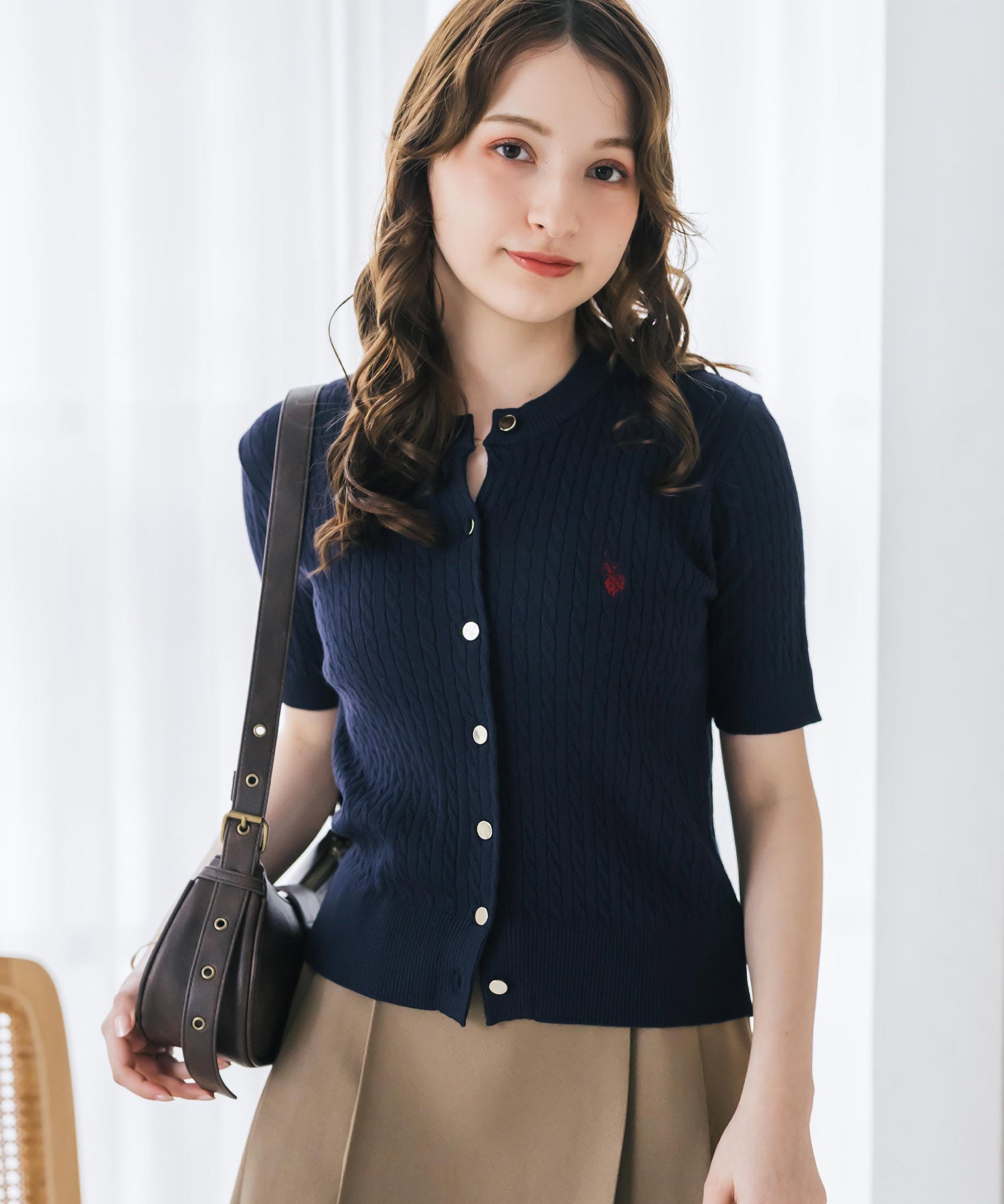 ロッキーモンロー Rocky Monroe カーディガン 半袖 レディース ケーブル編み ニット ロゴ刺繍 無地 羽織り ハーフスリーブ 薄手 コンパクト韓国 U.S. POLO ASSN. 15899 （ネイビー） ネイビー