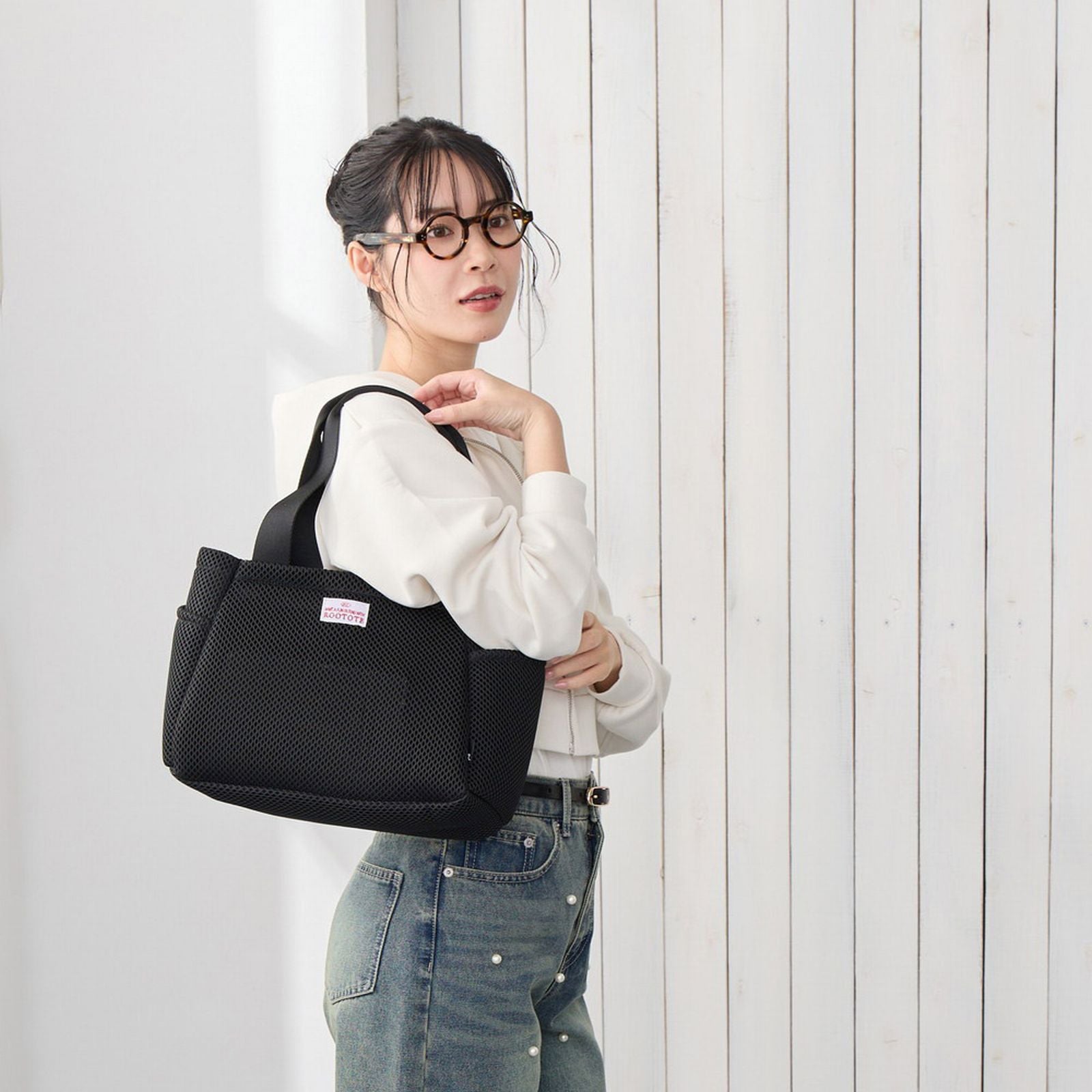 ルートート ROOTOTE トートバッグ レディース 動く仕切り付き 小さめ メッシュ 軽量 SN.デリ.パルーティ.ウエッファ-A 3672 （03 ブラック） 03 ブラック