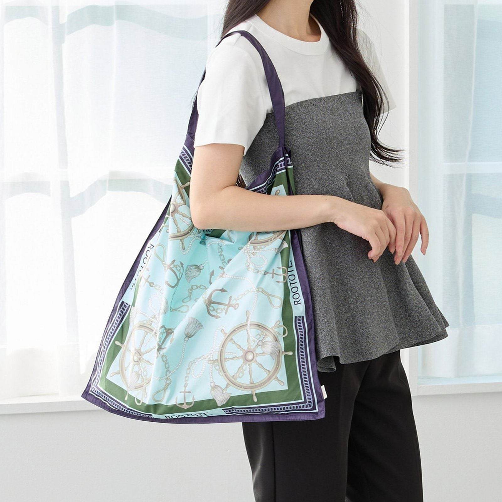 ルートート ROOTOTE トートバッグ レディース スカーフデザイン エコバッグ 肩掛け 軽量 LT.トール.スカーフーA 3664 （04 アンカー・ブラック） 04 アンカー・ブラック