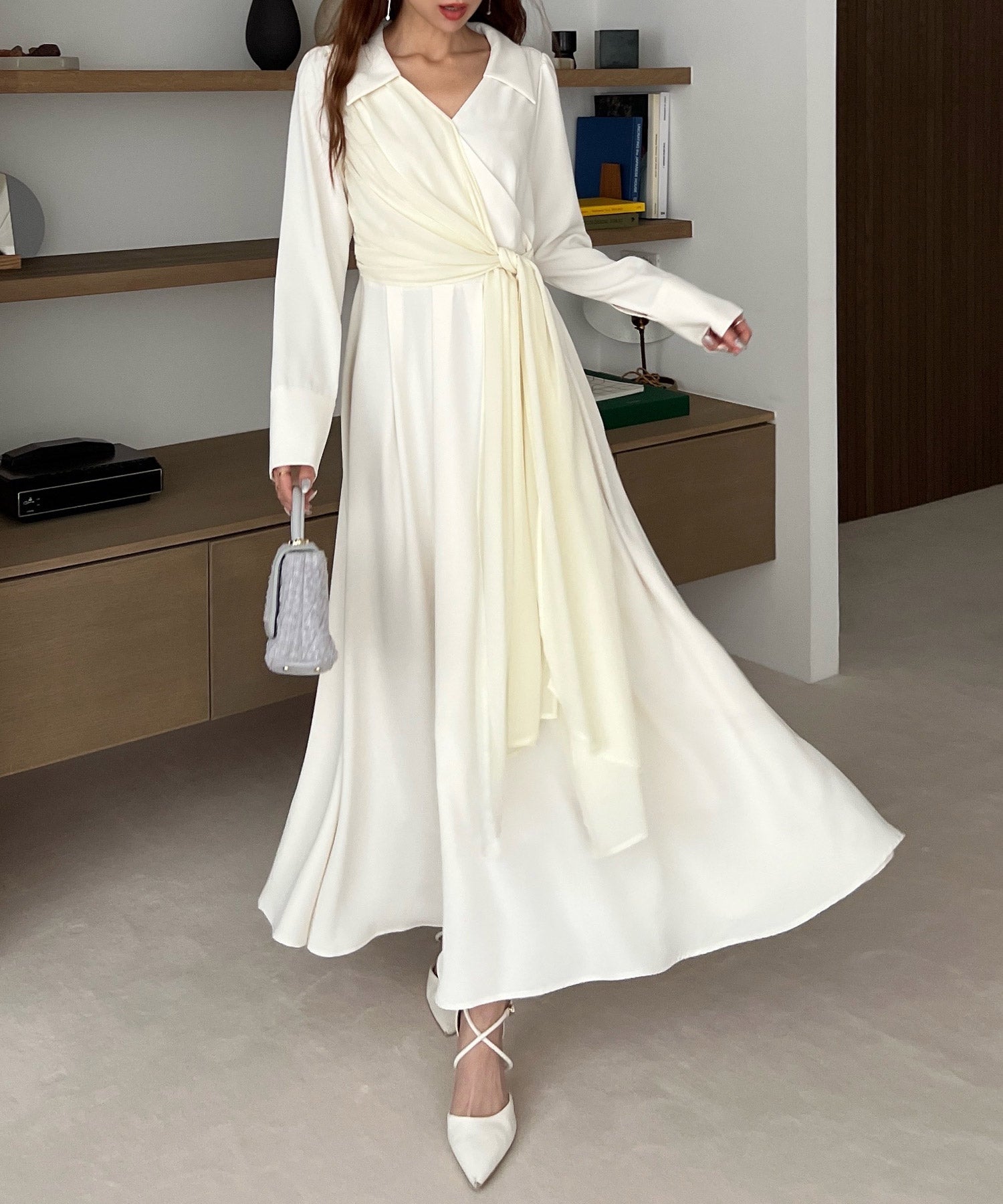 Royal Party Mixed Material Wrap Shirt Dress