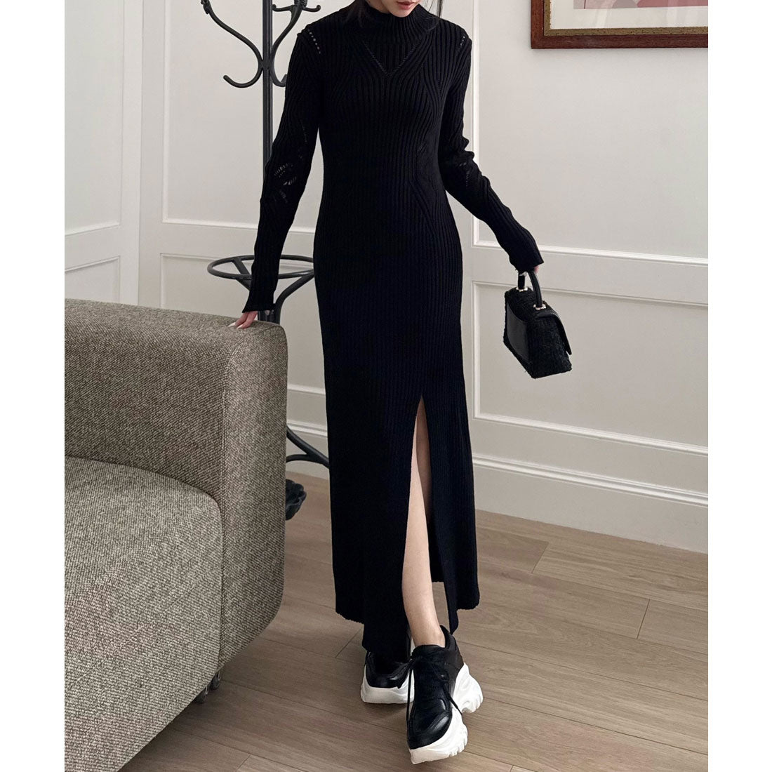 ロイヤルパーティー ROYAL PARTY 透かし編みモックネックロングニットドレス （ブラック） ブラック