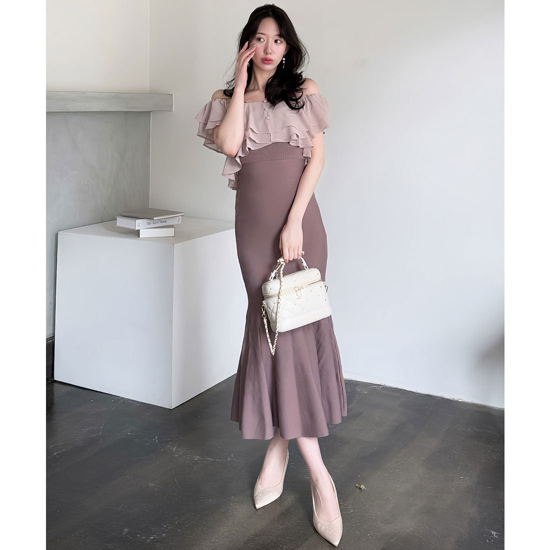 ロイヤルパーティー ROYAL PARTY シフォンブラウスドッキングニットマーメイドワンピース （モカ） モカ