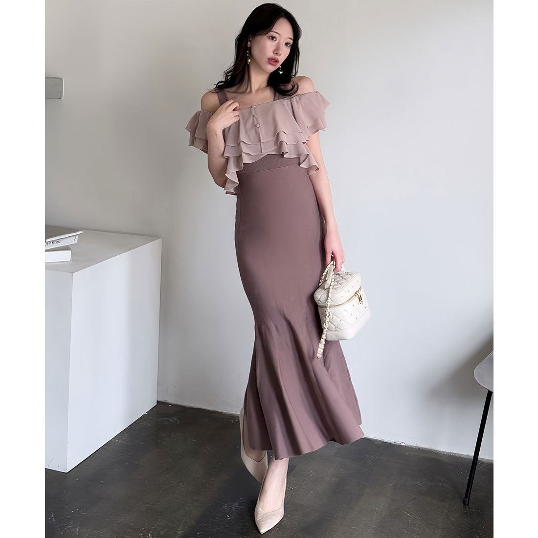 ロイヤルパーティー ROYAL PARTY シフォンブラウスドッキングニットマーメイドワンピース （モカ） モカ