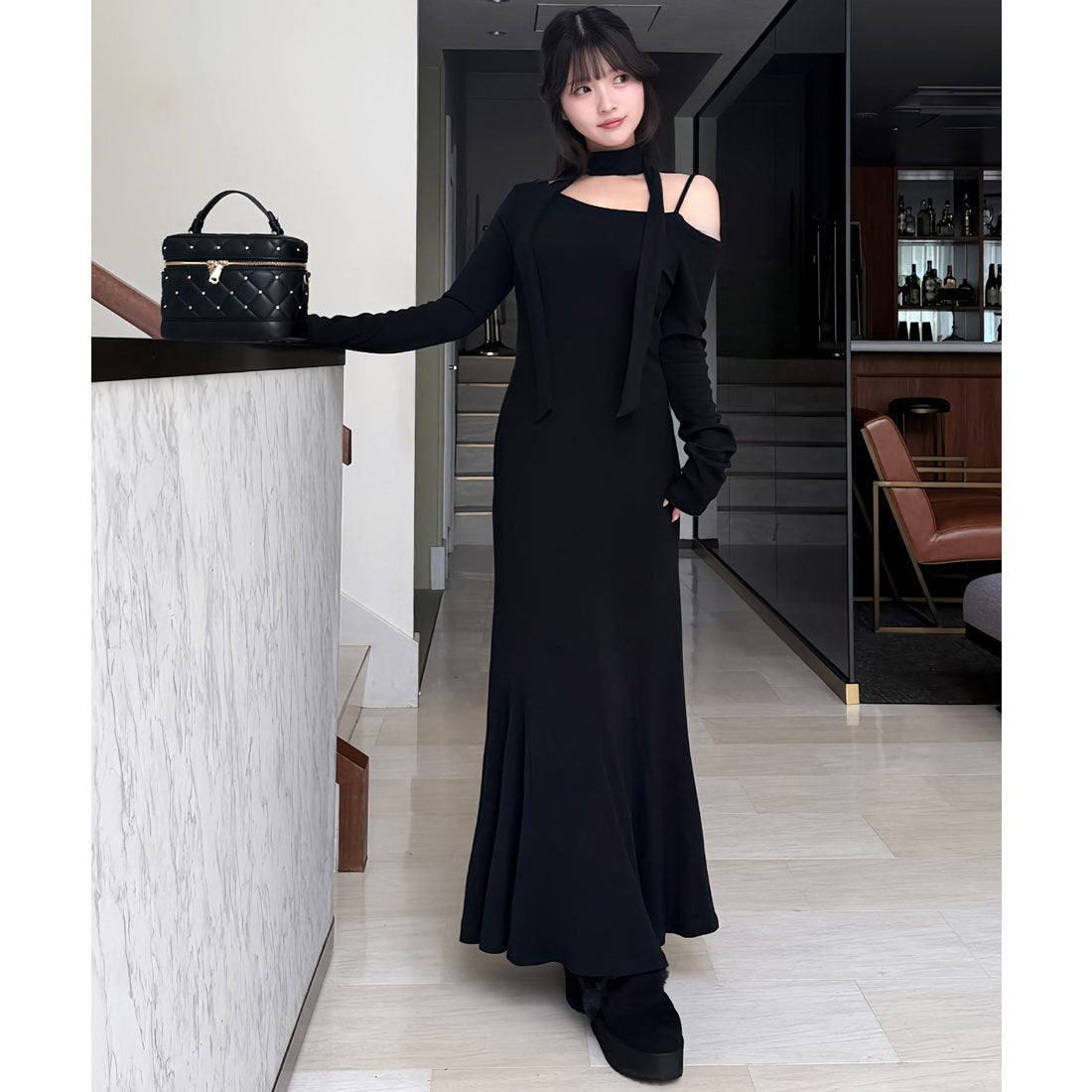 ロイヤルパーティー ROYAL PARTY ストール付アシンメトリーカットマキシワンピース （ブラック） ブラック
