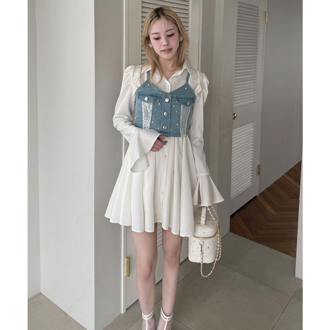 ロイヤルパーティー ROYAL PARTY liberty デニムビスチェ×タックシャツミニワンピース （ブリーチ） ブリーチ