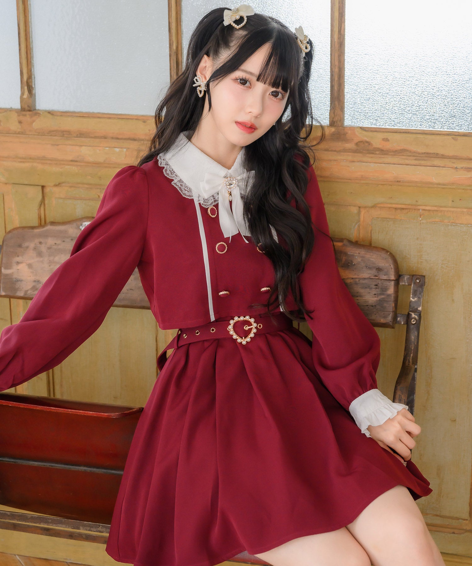 ロジータ ROJITA ツーピー風ダブルボタンワンピース,ボルドー