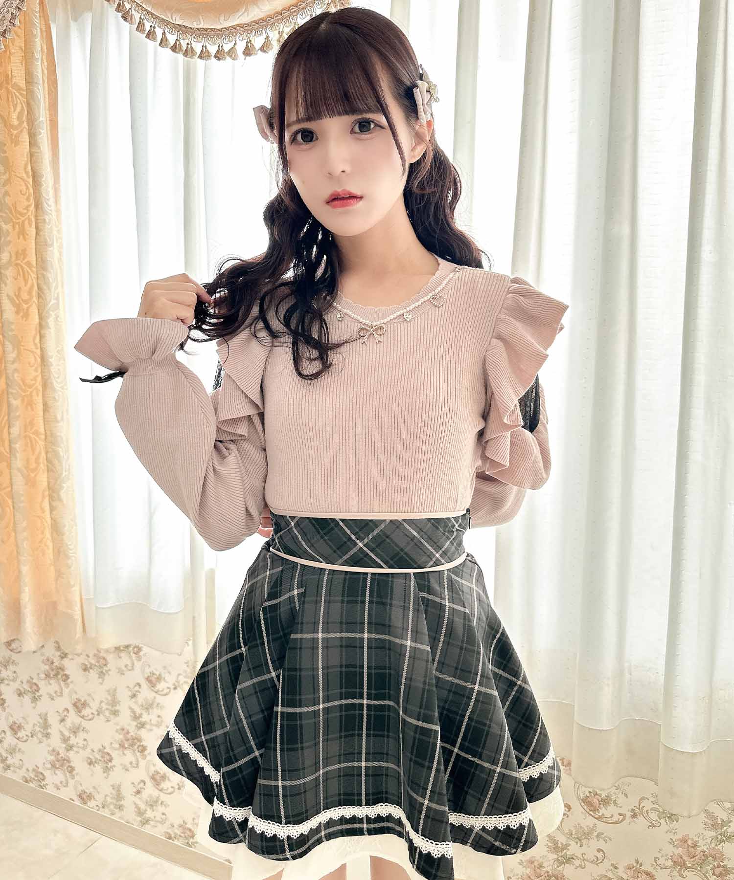 ロジータ ROJITA ネックレス付肩ボリュームフリルニットトップス （ピンク） ピンク