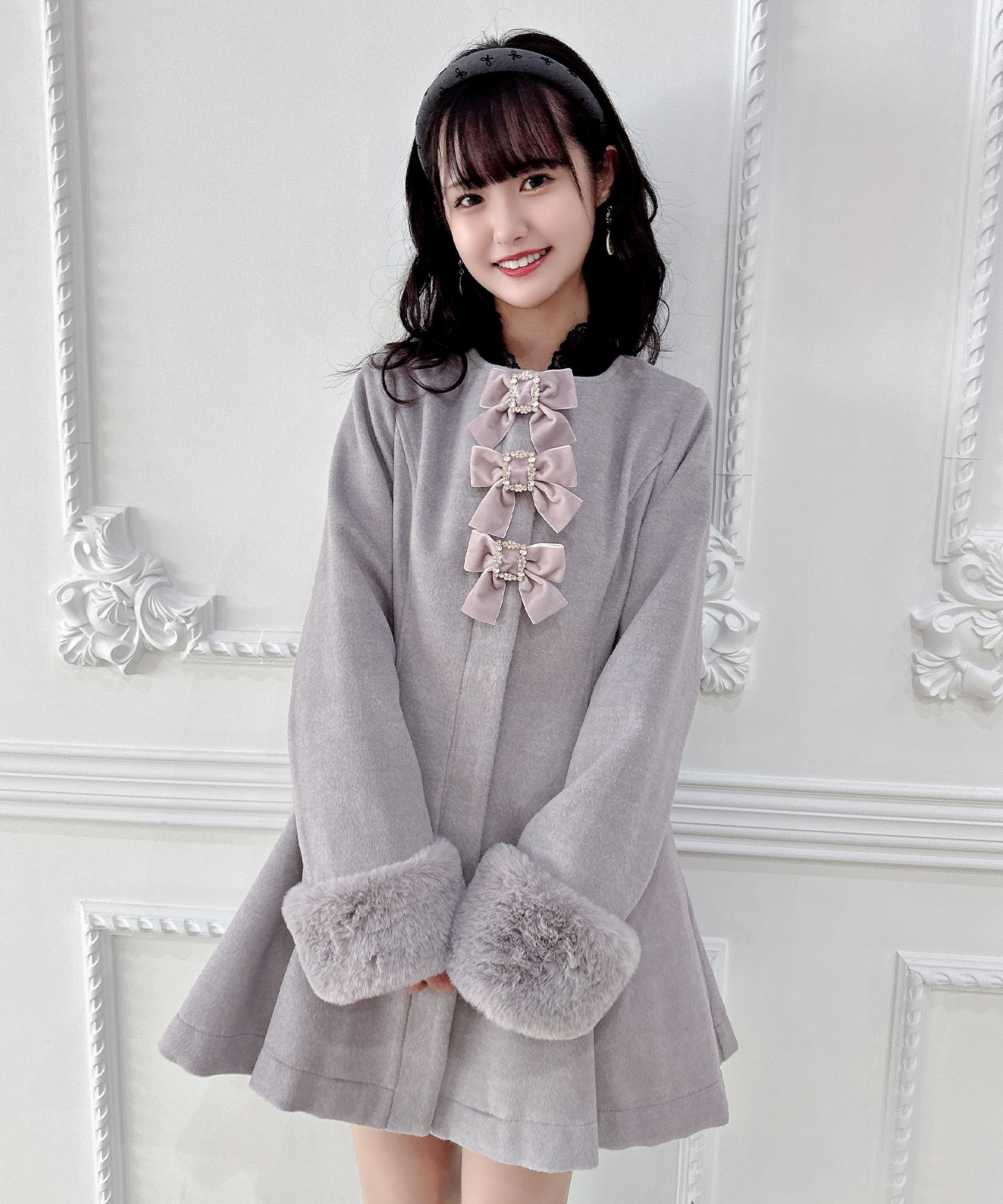 ロジータ ROJITA ファーティペット付きトリプルリボンコート,グレー