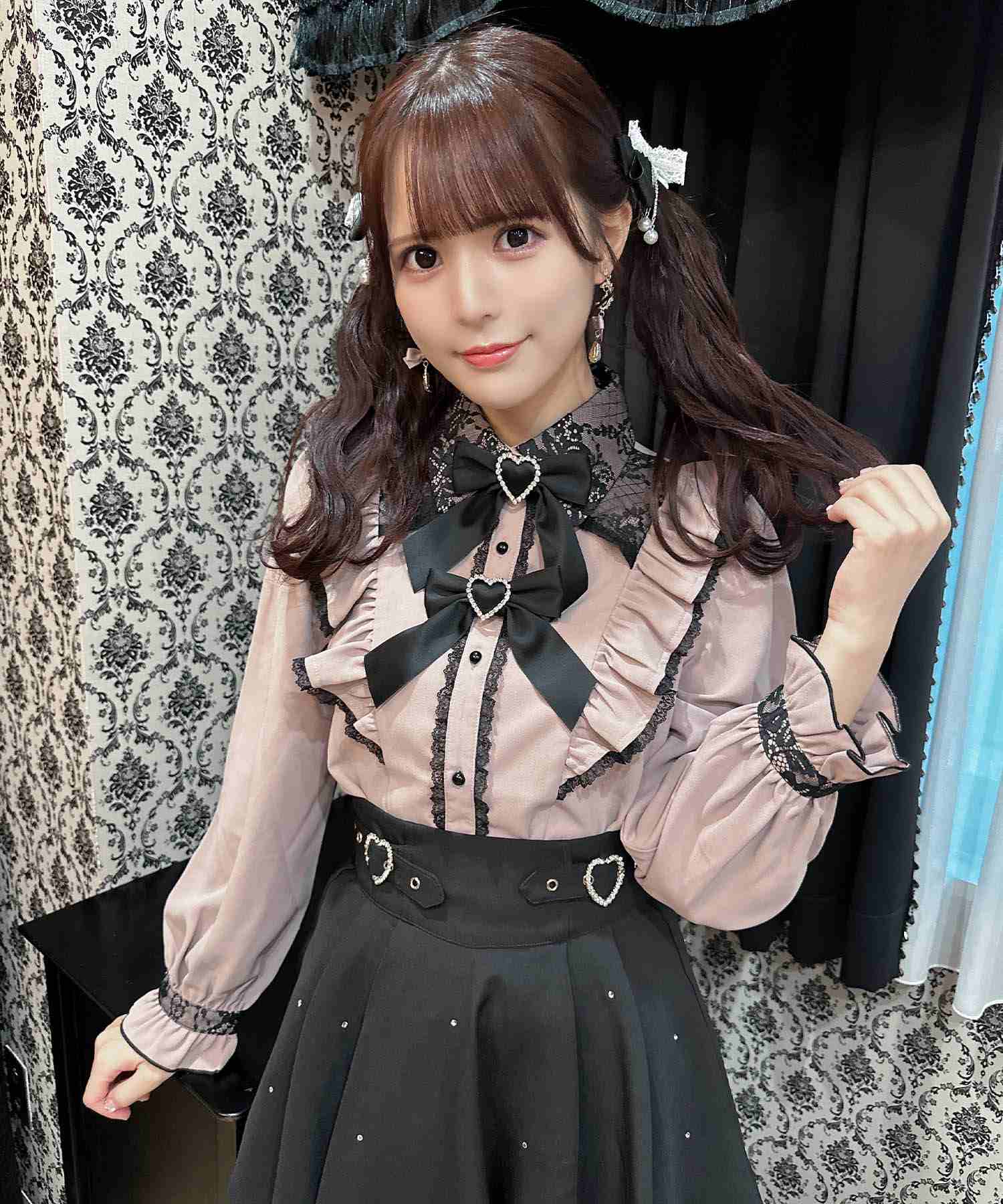 ロジータ ROJITA ダブルリボンラッフルフリル配色ブラウス,ピンク