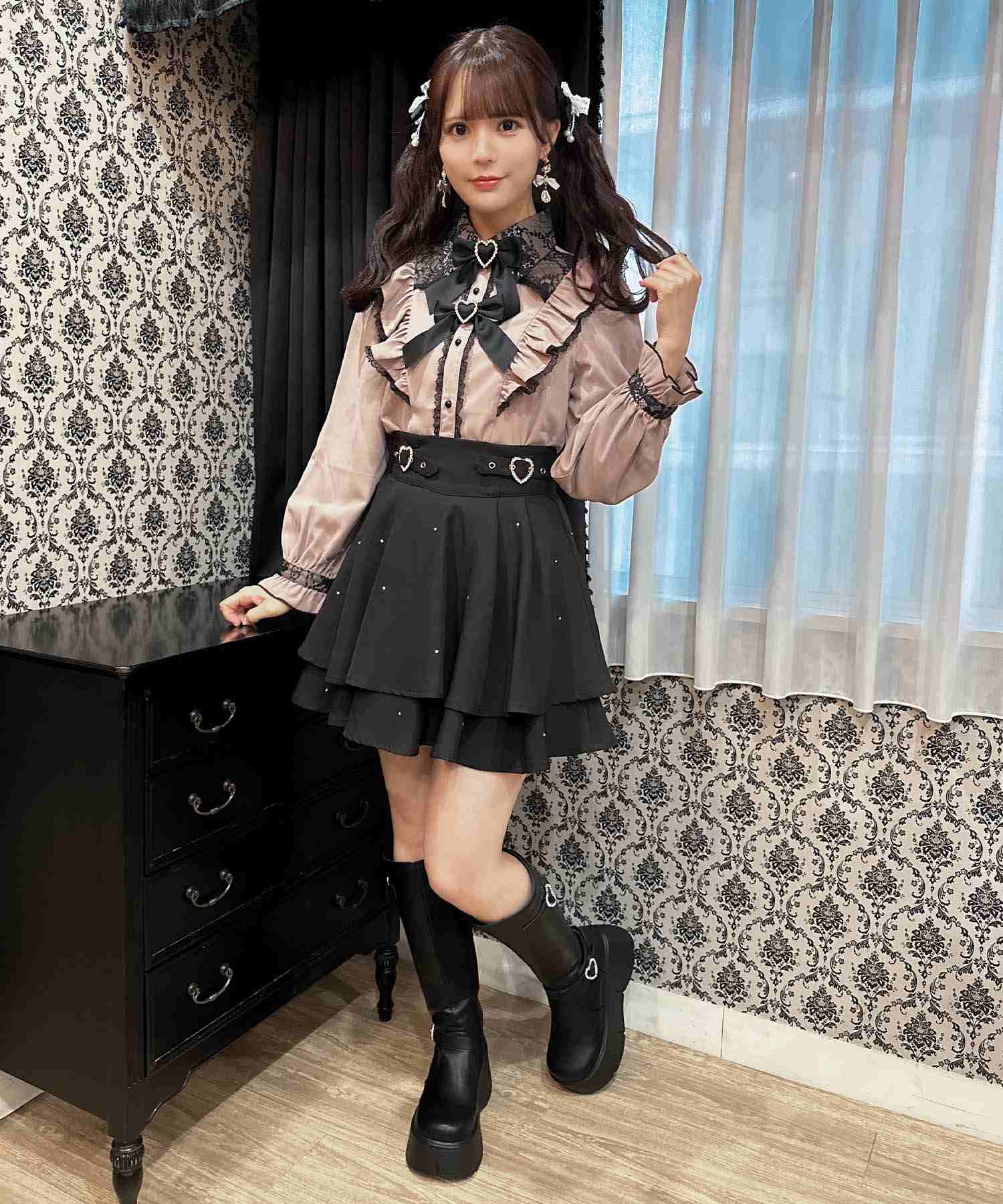 ロジータ ROJITA ダブルリボンラッフルフリル配色ブラウス