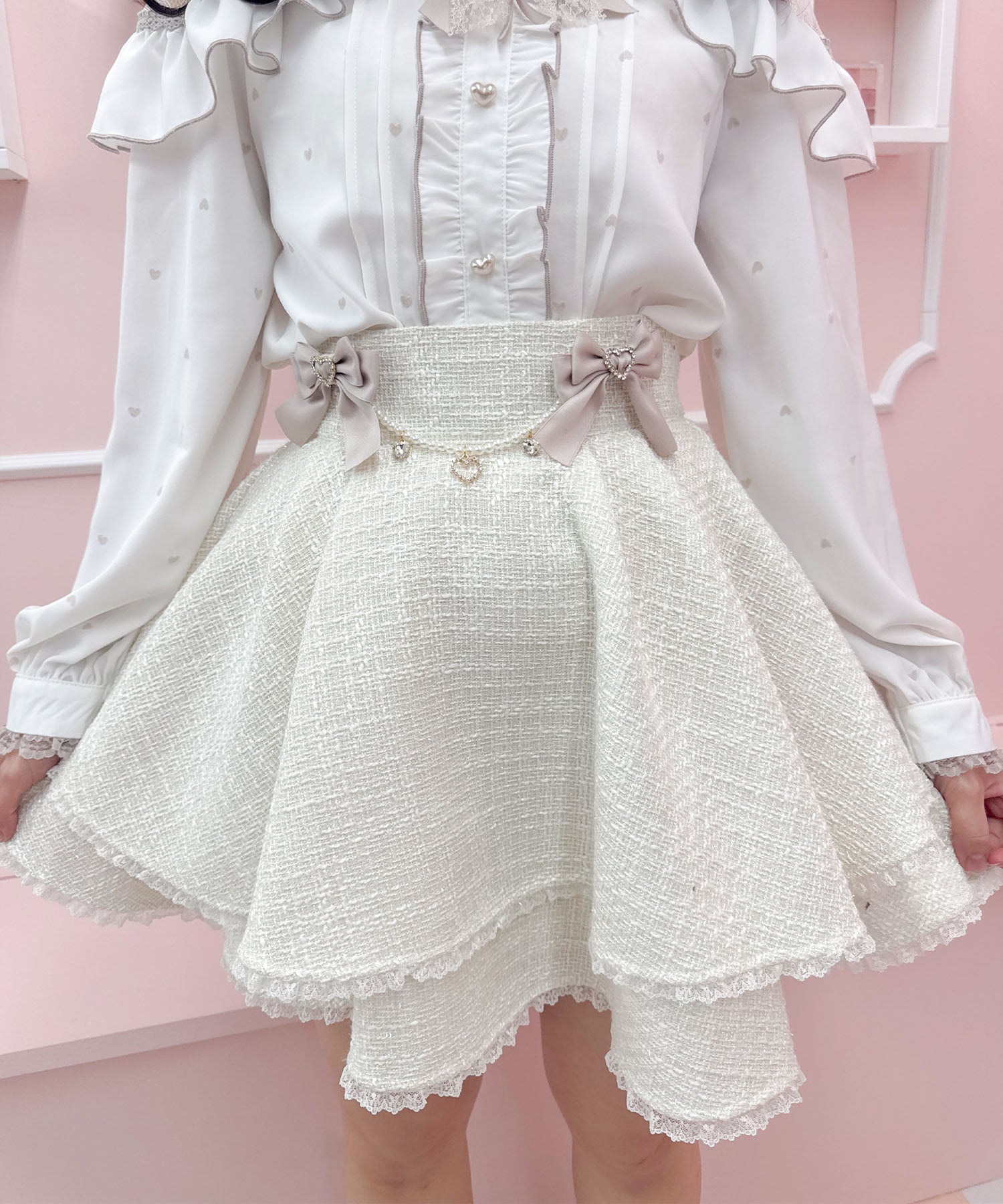 ROJITA ROJITA Double Flare Skirt with Brooch Chain