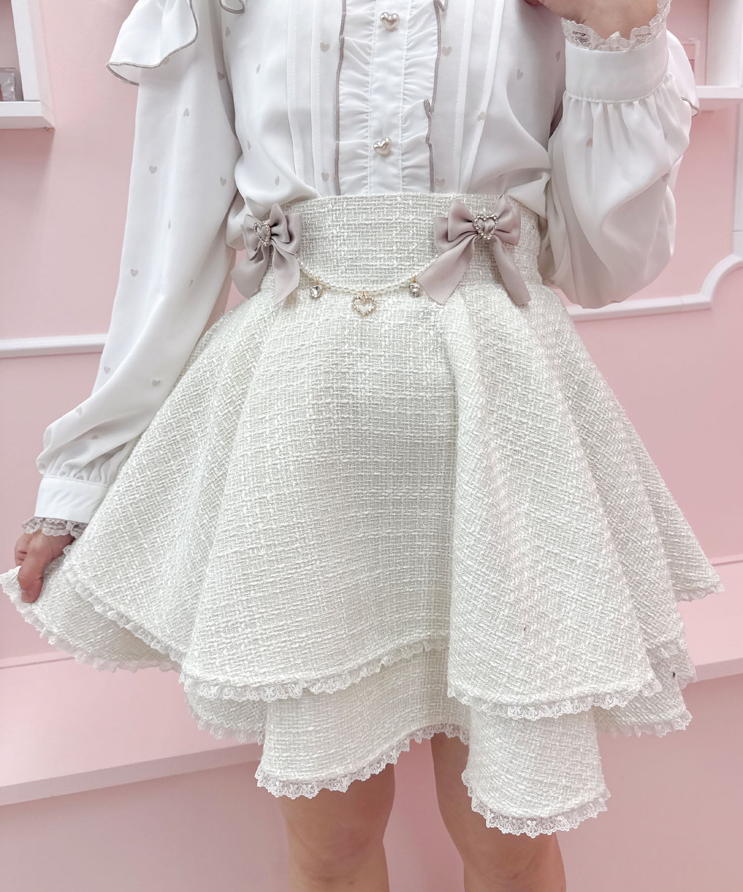 ROJITA ROJITA Double Flare Skirt with Brooch Chain