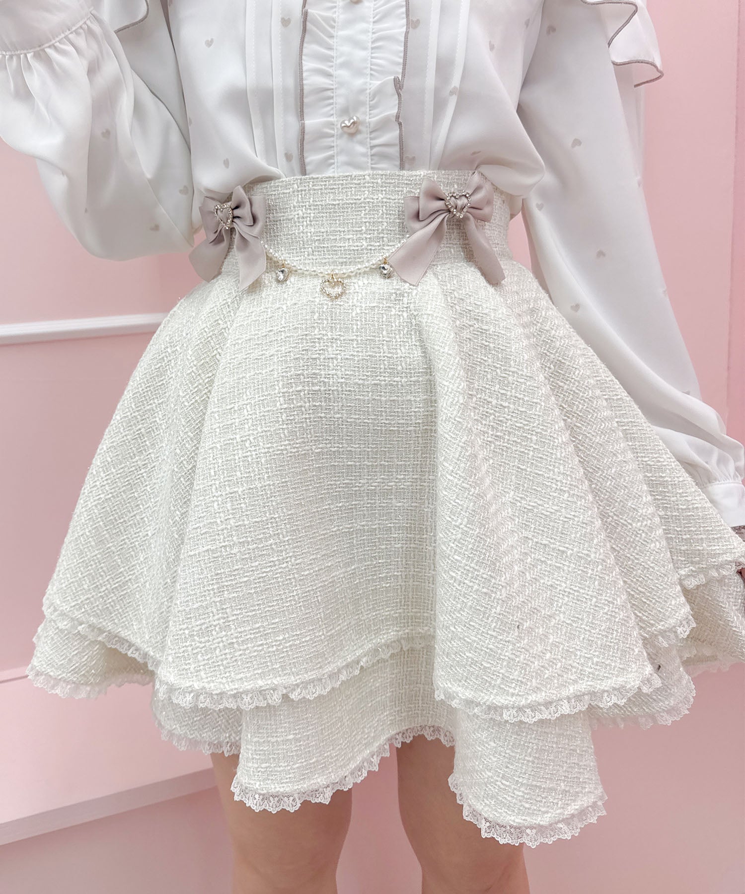 ROJITA ROJITA Double Flare Skirt with Brooch Chain
