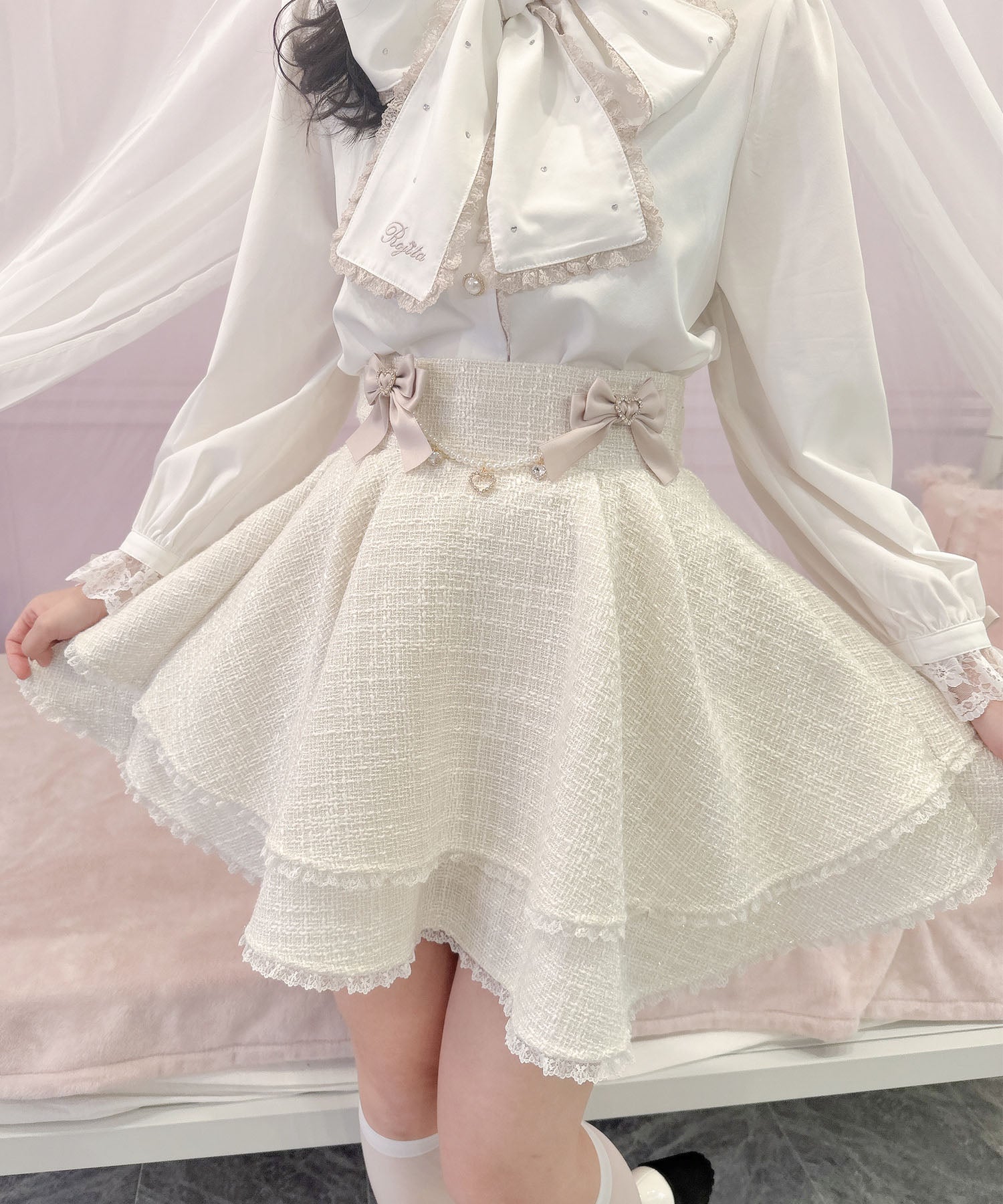 ROJITA ROJITA Double Flare Skirt with Brooch Chain