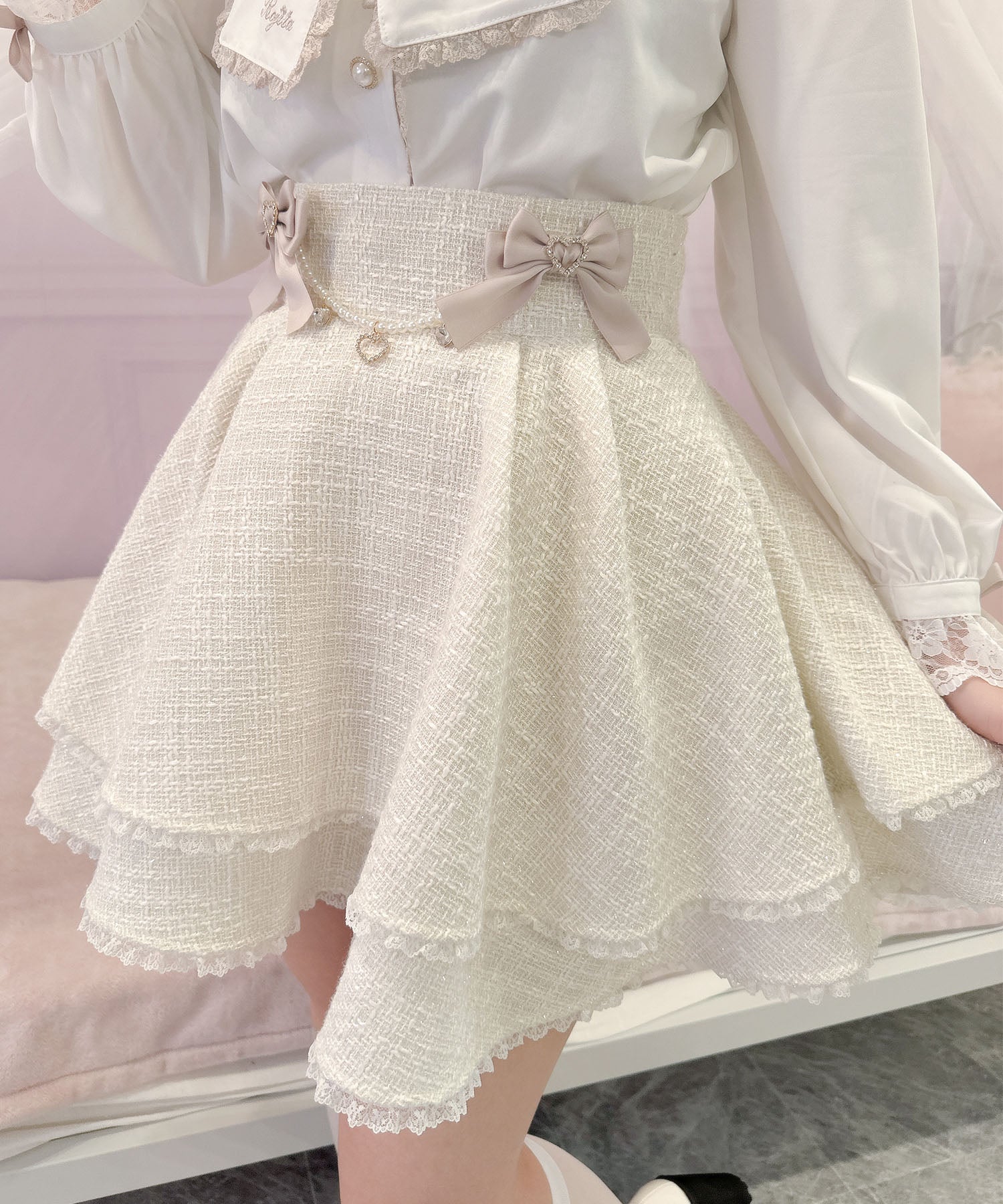 ROJITA ROJITA Double Flare Skirt with Brooch Chain