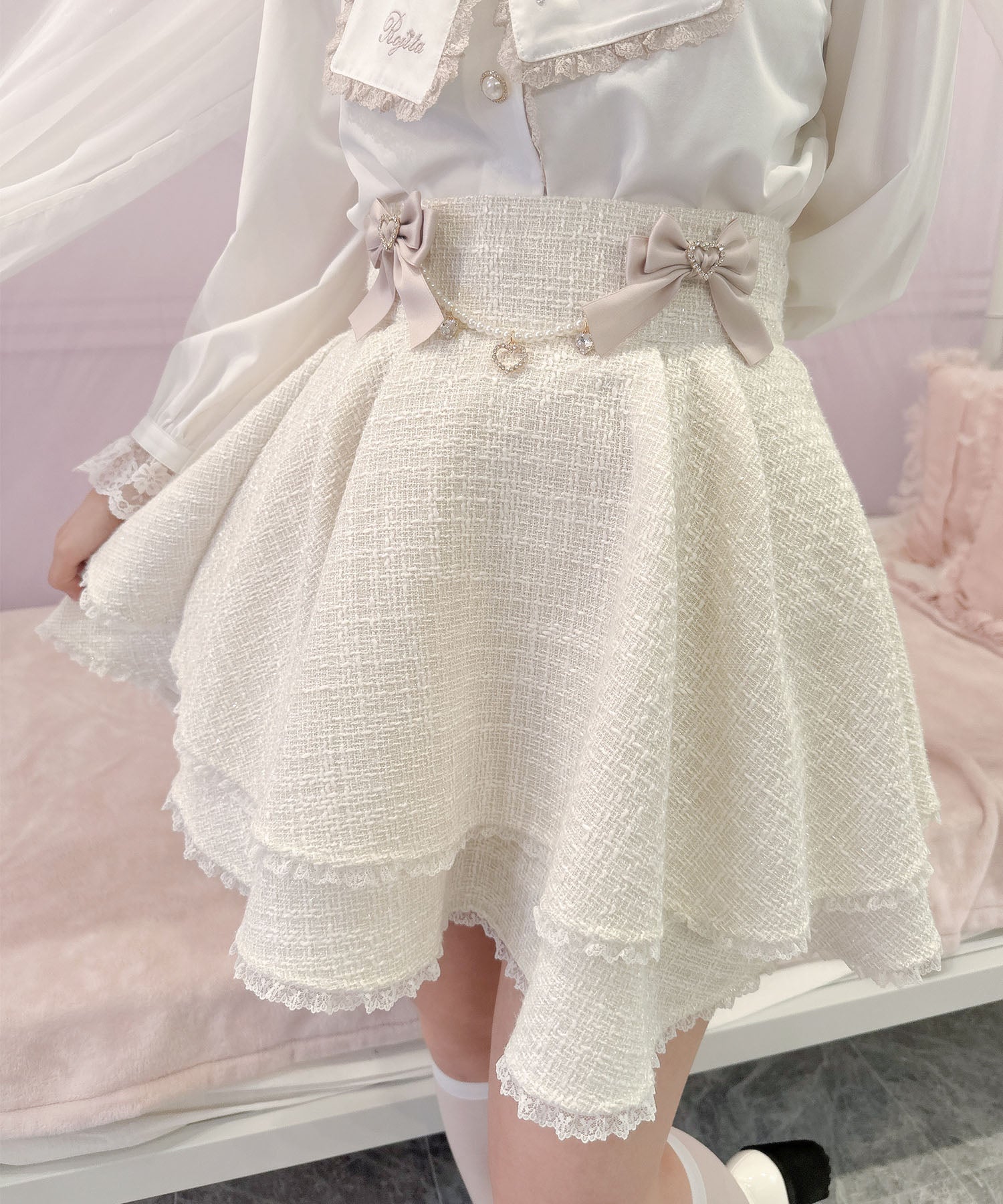 ROJITA ROJITA Double Flare Skirt with Brooch Chain