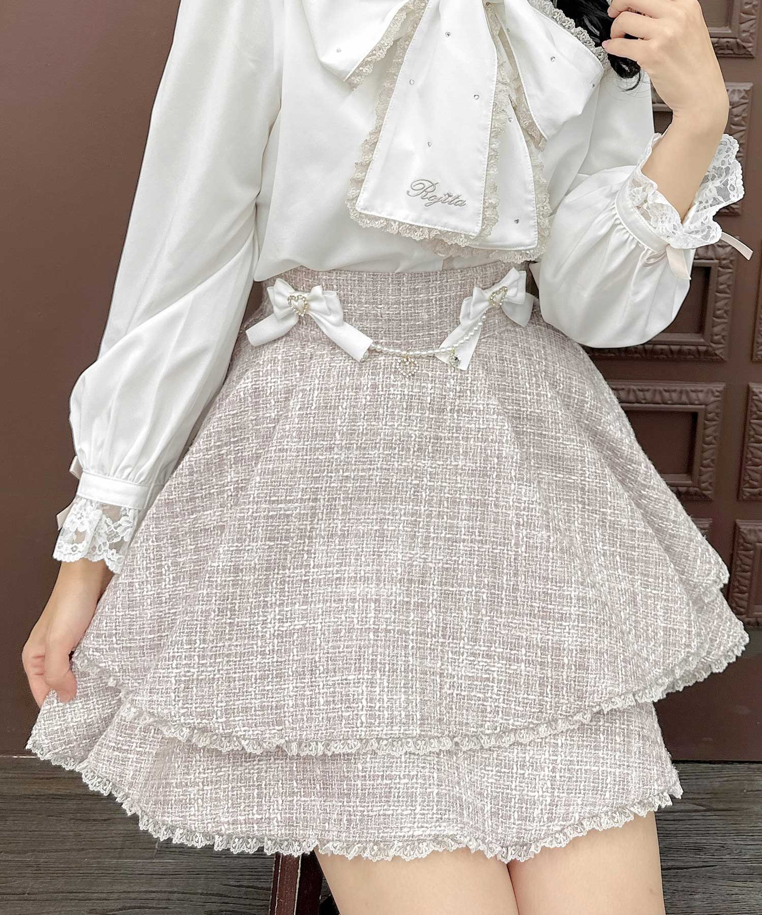 ROJITA ROJITA Double Flare Skirt with Brooch Chain